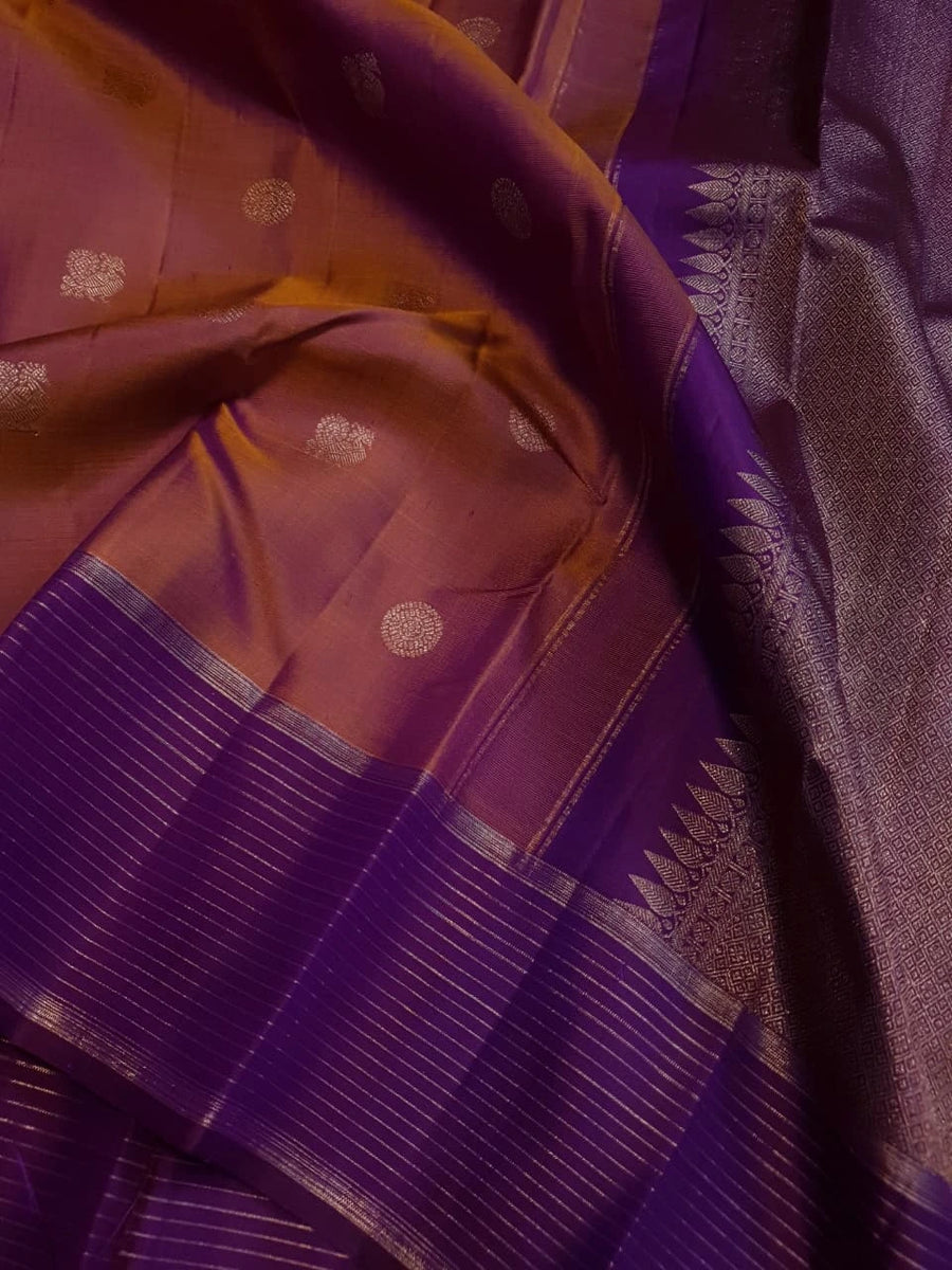 2G Pure Kanjivaram Silk Saree in Rose Mauve with Rich Purple Zari Striped Border, Traditional Peacock Buttas & Zari Pallu | Silkmark Certified