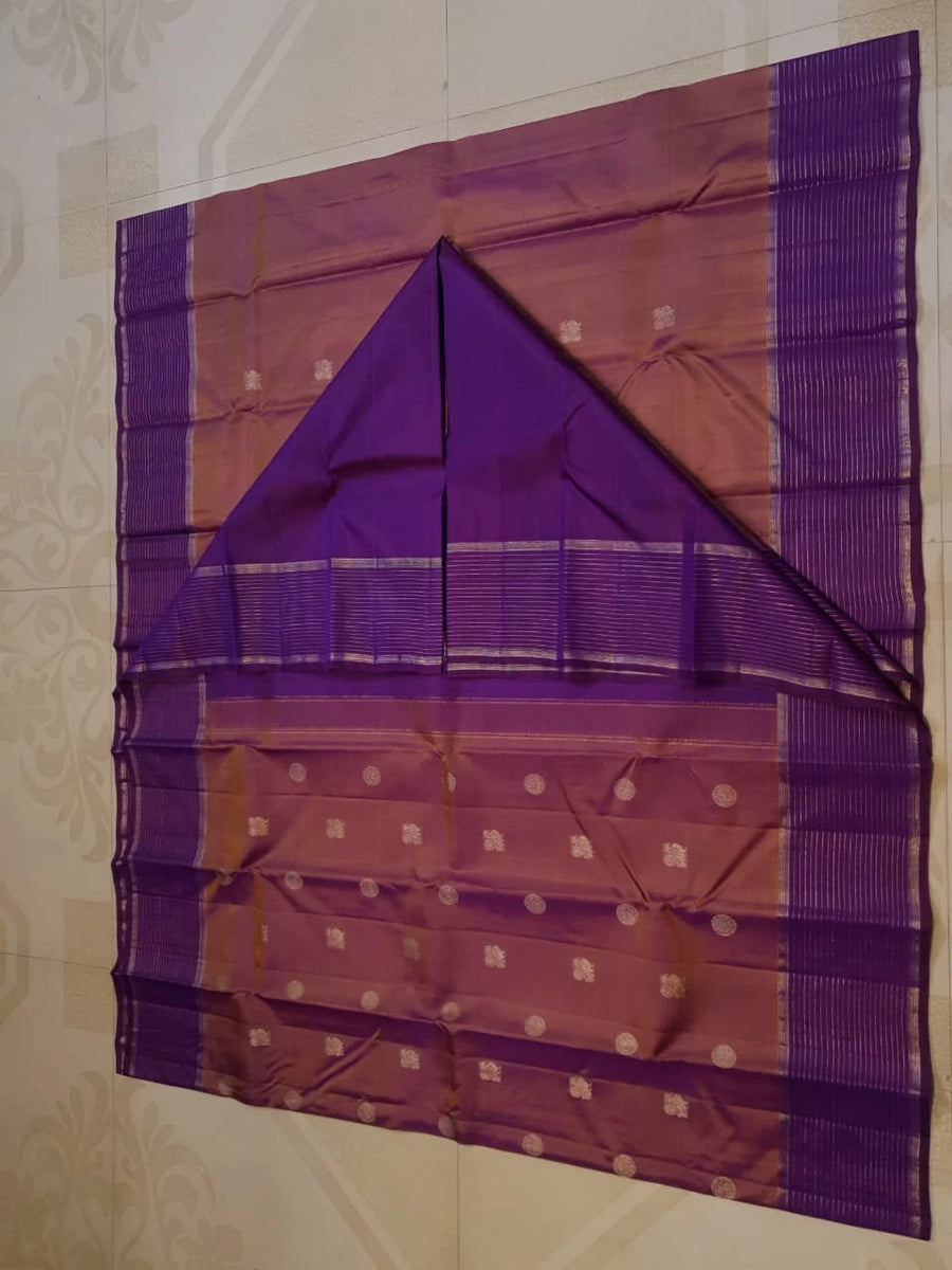 2G Pure Kanjivaram Silk Saree in Rose Mauve with Rich Purple Zari Striped Border, Traditional Peacock Buttas & Zari Pallu | Silkmark Certified