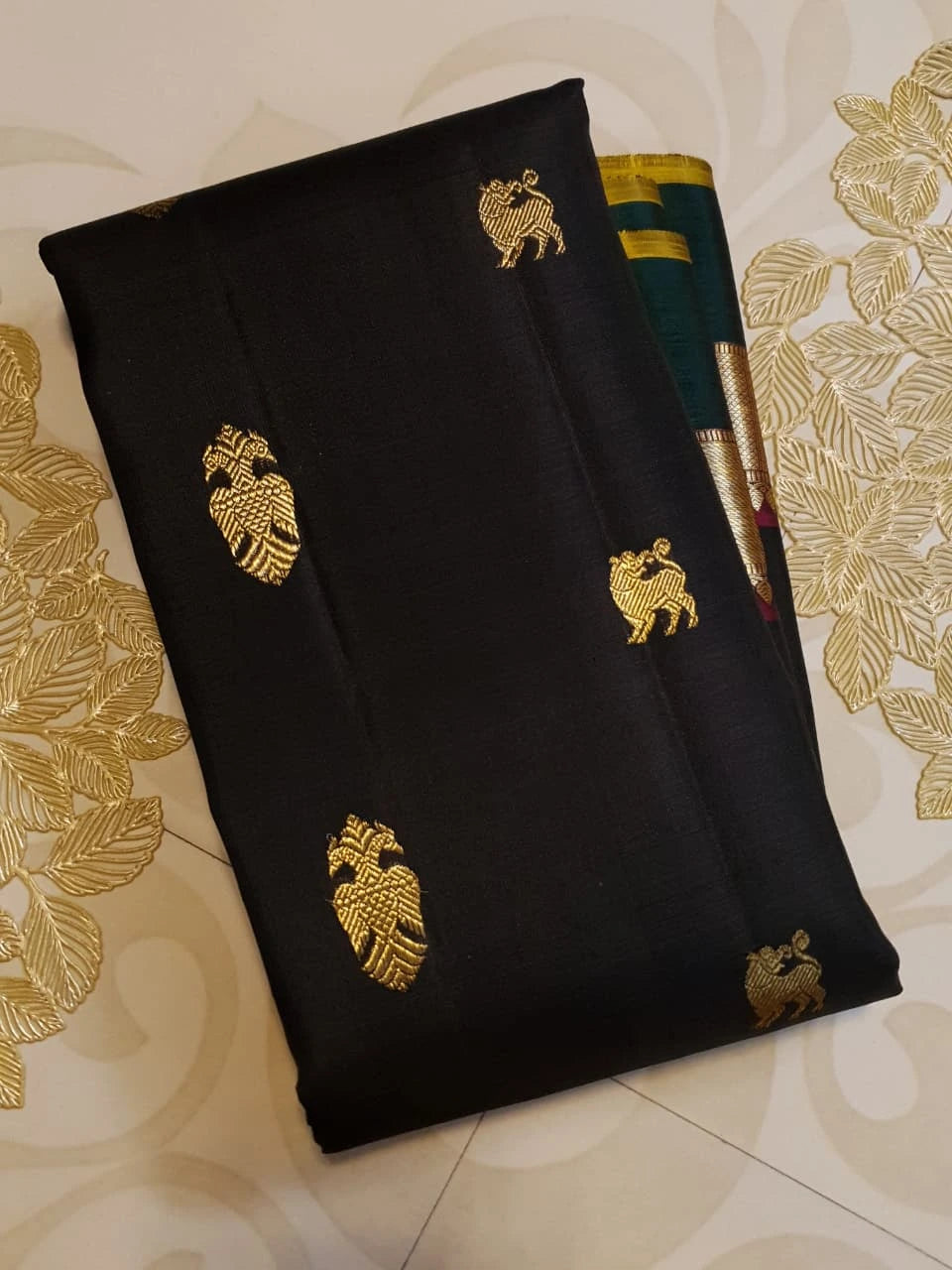 2G Pure Kanjivaram Silk Saree in Black with Bottle Green Gold Zari Border & Traditional Gold Zari Motifs | Silkmark Certified