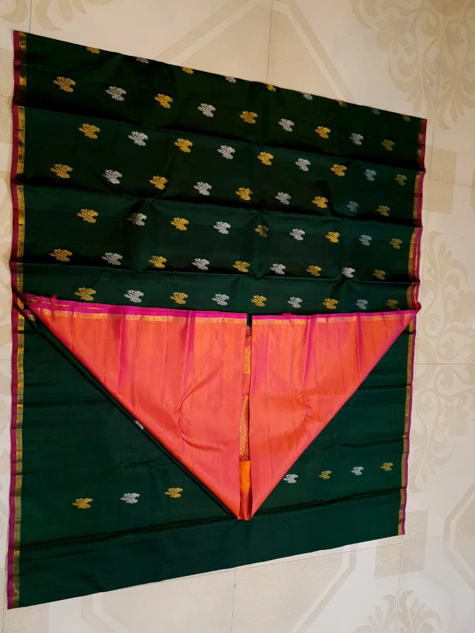 2G Pure Kanjivaram Silk Saree in Deep Bottle Green with Magenta Gold Zari Border & Coral Orange Parrot Butta Pallu | Silkmark Certified