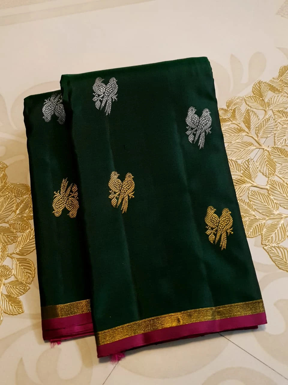 2G Pure Kanjivaram Silk Saree in Deep Bottle Green with Magenta Gold Zari Border & Coral Orange Parrot Butta Pallu | Silkmark Certified