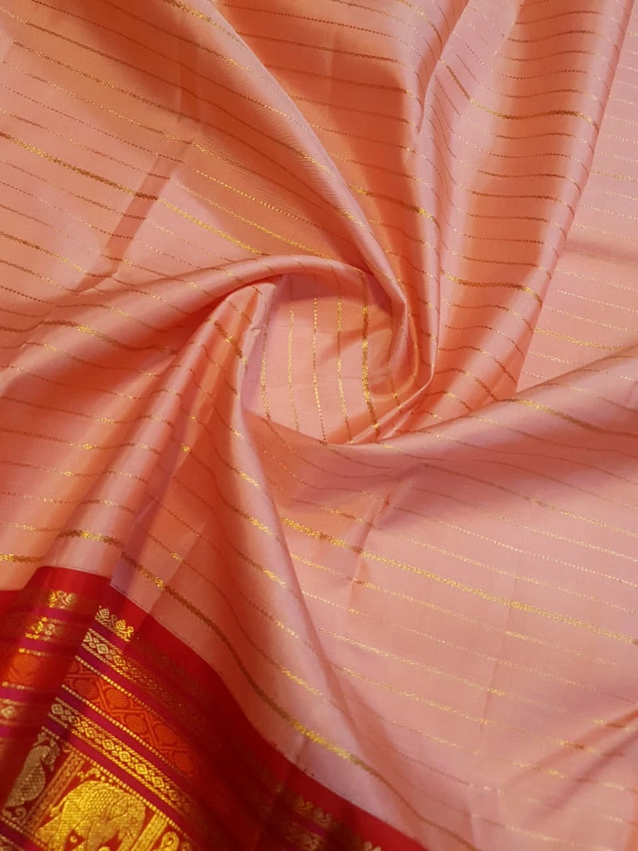 2G Pure Korvai Kanjivaram Silk Saree in Pastel Peach Pink with Rich Red Zari Border and Traditional Elephant Motifs | Silkmark Certified
