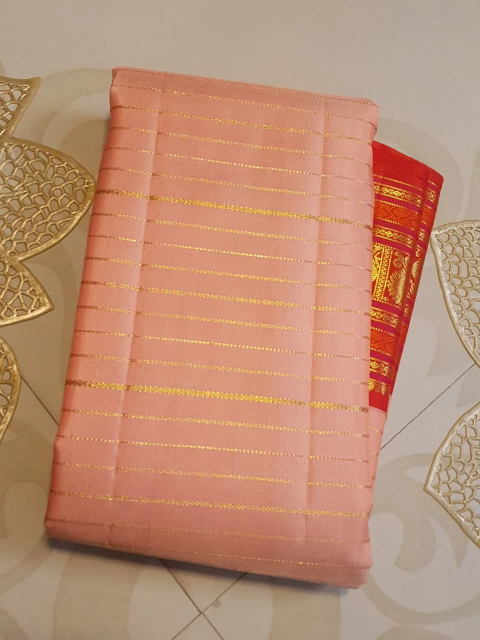 2G Pure Korvai Kanjivaram Silk Saree in Pastel Peach Pink with Rich Red Zari Border and Traditional Elephant Motifs | Silkmark Certified
