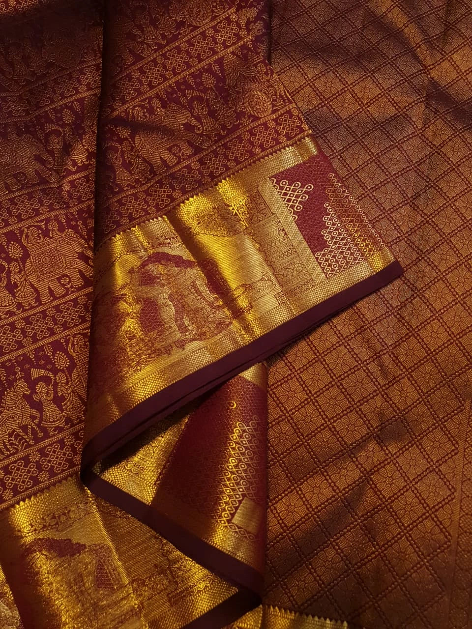 2G Pure Zari Kanjivaram Silk Saree in Deep Maroon with Rich Gold Zari Floral Stripes & Traditional Elephant Motifs | Silkmark Certified