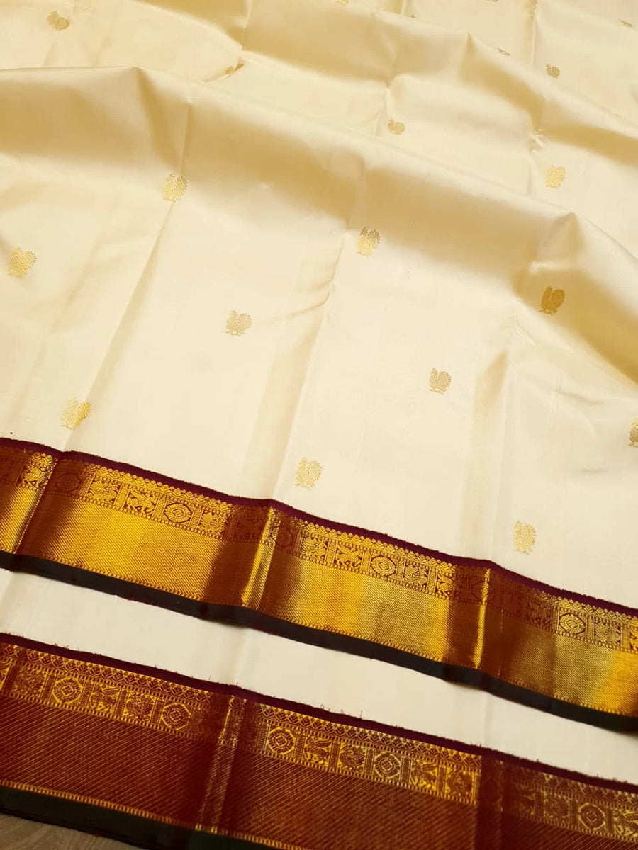 2G Pure Kanjivaram Silk Saree in Cream with Rich Maroon & Gold Zari Peacock Border | Silkmark Certified