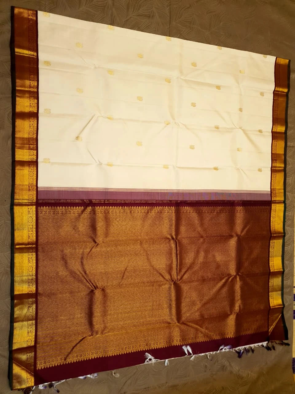 2G Pure Kanjivaram Silk Saree in Cream with Rich Maroon & Gold Zari Peacock Border | Silkmark Certified