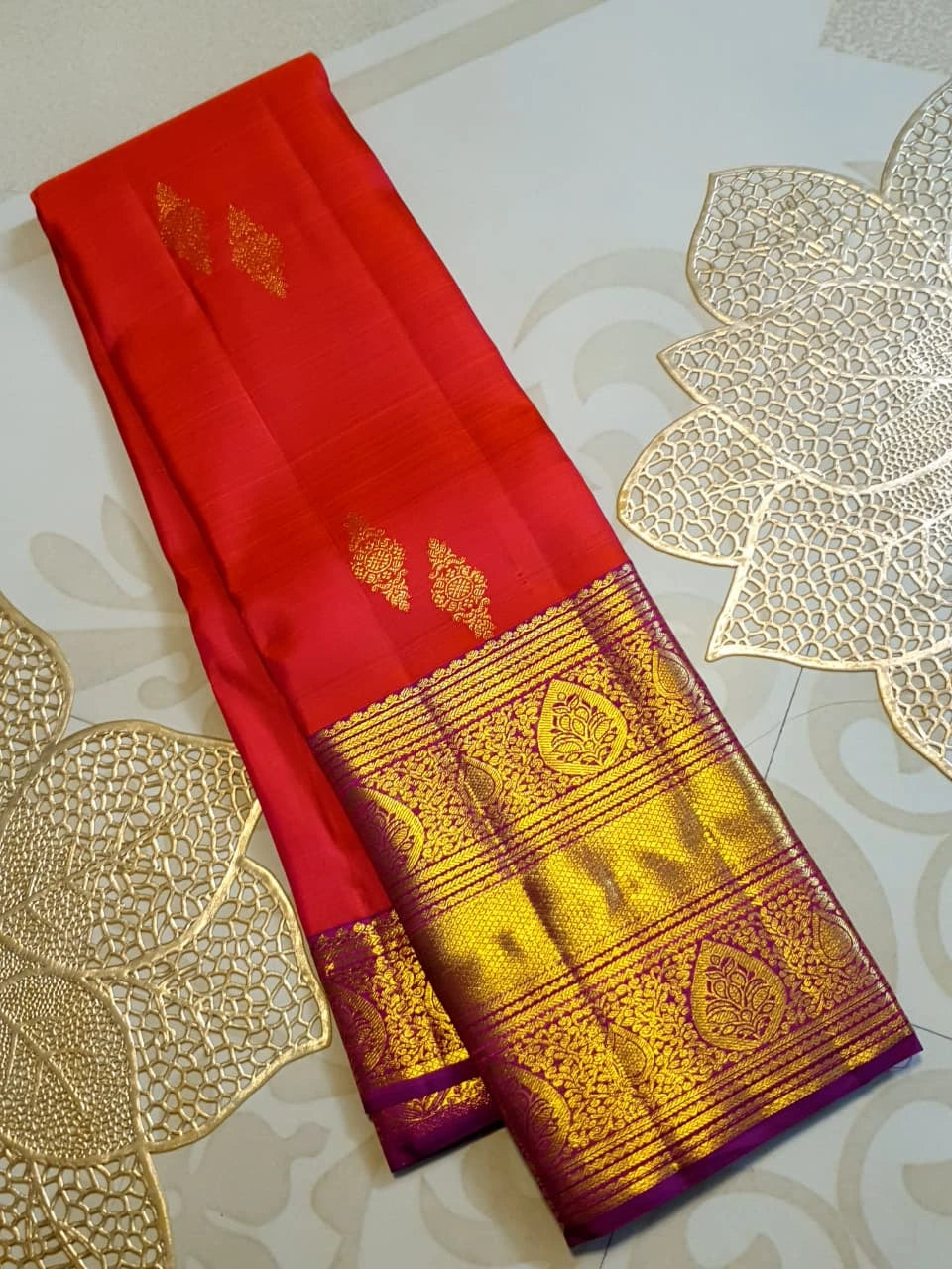 2Gram Pure Kanjivaram Silk Saree - Coral Orange | Silkmark Certified