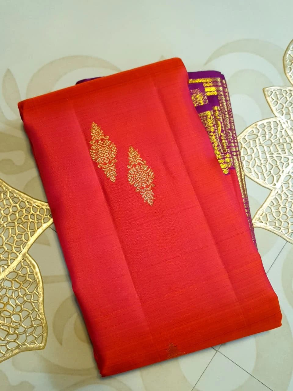 2Gram Pure Kanjivaram Silk Saree - Coral Orange | Silkmark Certified