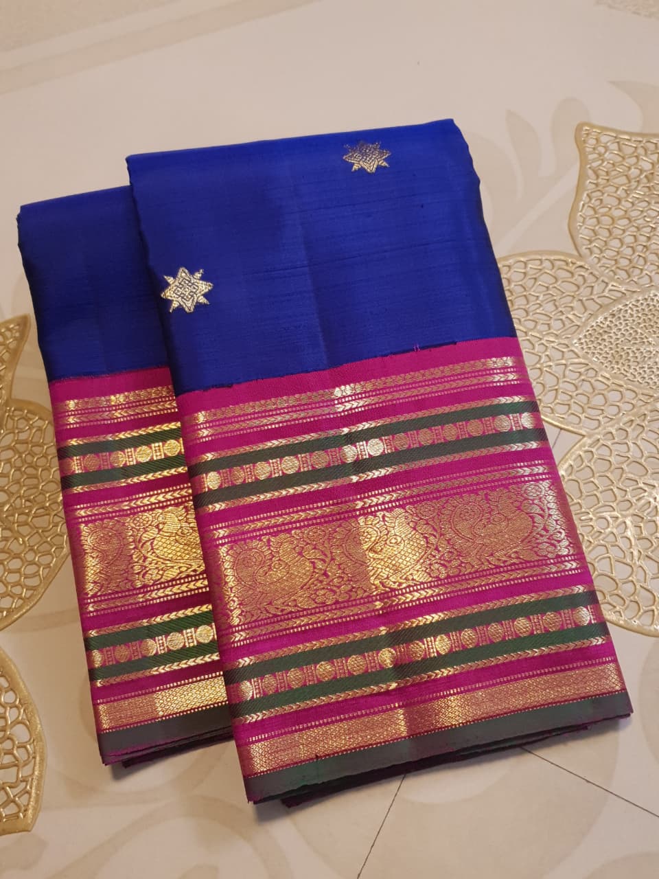 2G Pure Kanjivaram Silk Saree in Royal Blue with Magenta Pink Peacock Zari Border | Silkmark Certified