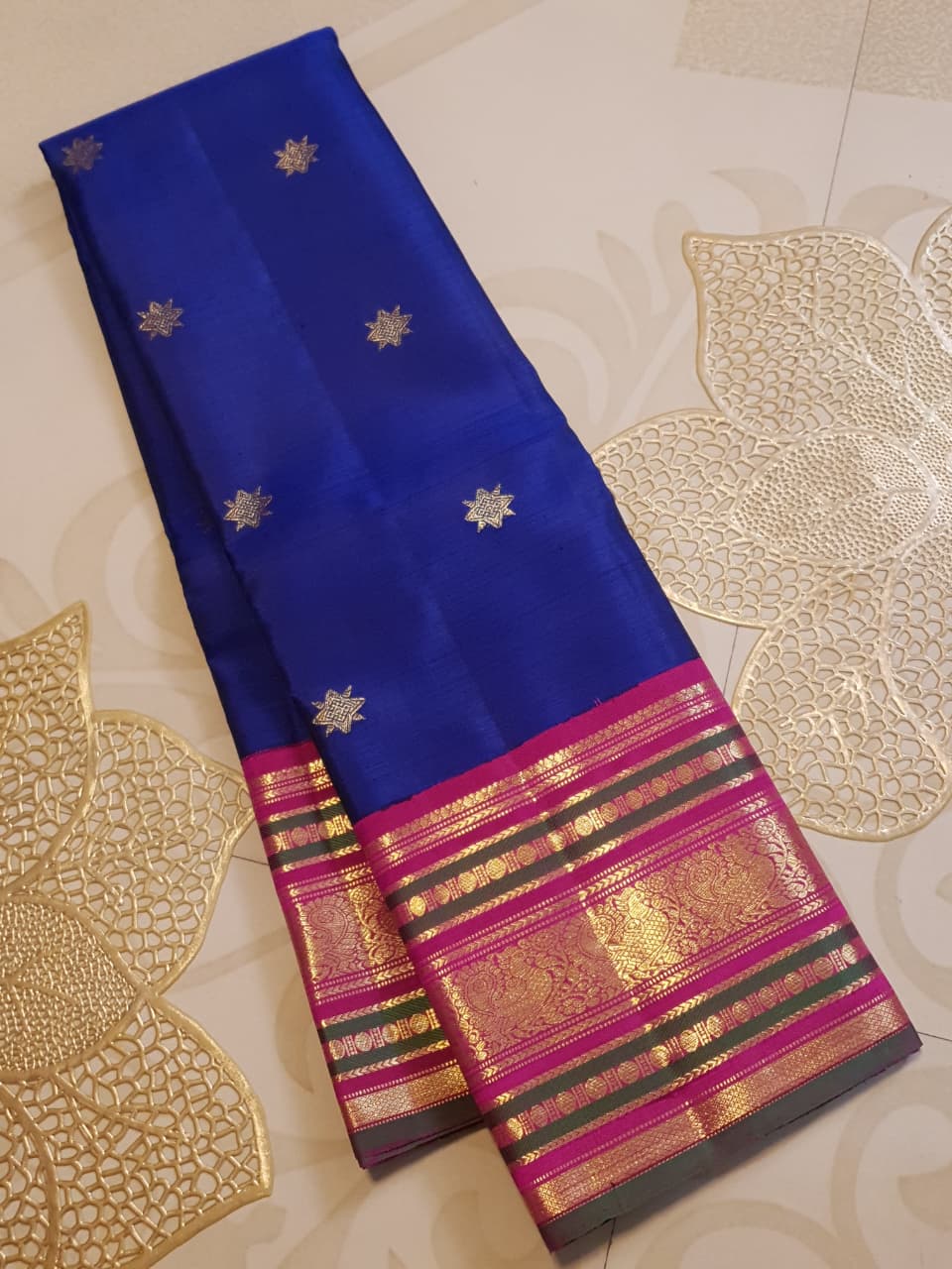 2G Pure Kanjivaram Silk Saree in Royal Blue with Magenta Pink Peacock Zari Border | Silkmark Certified