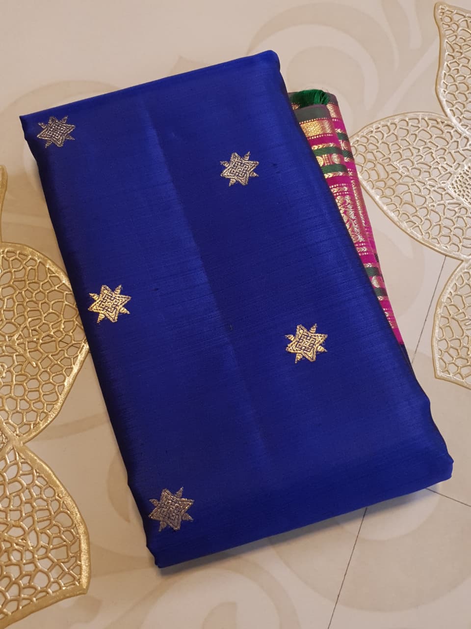 2G Pure Kanjivaram Silk Saree in Royal Blue with Magenta Pink Peacock Zari Border | Silkmark Certified