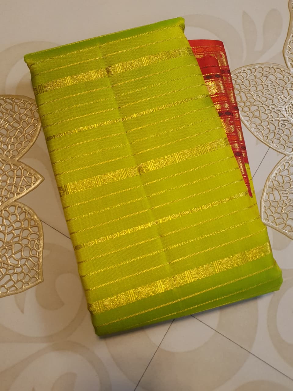 2G Pure Kanjivaram Silk Saree in Lime Green with Red Elephant & Peacock Zari Border and Rich Zari Pallu | Silkmark Certified