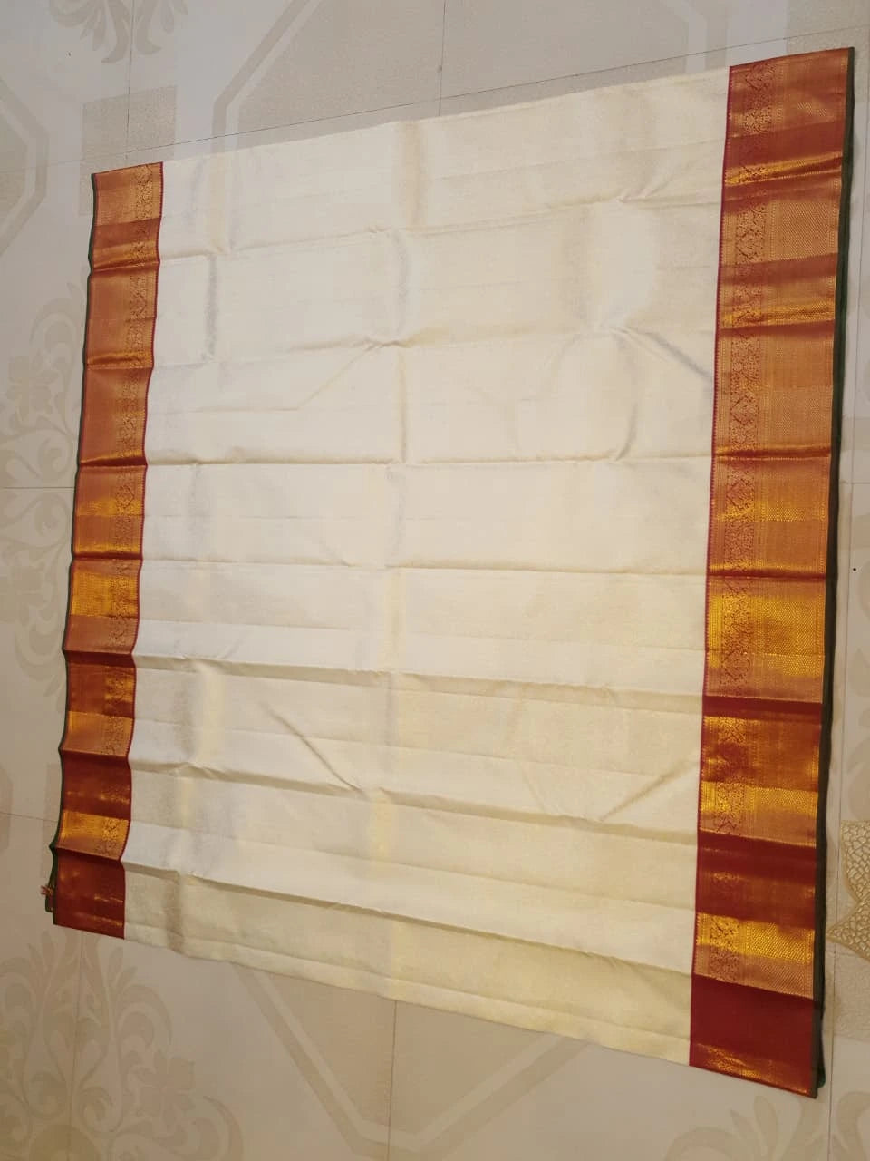 2G Ivory Korvai Kanjivaram Silk Saree with Rust Maroon Zari Border and Rich Floral Brocade Pallu | Silkmark Certified