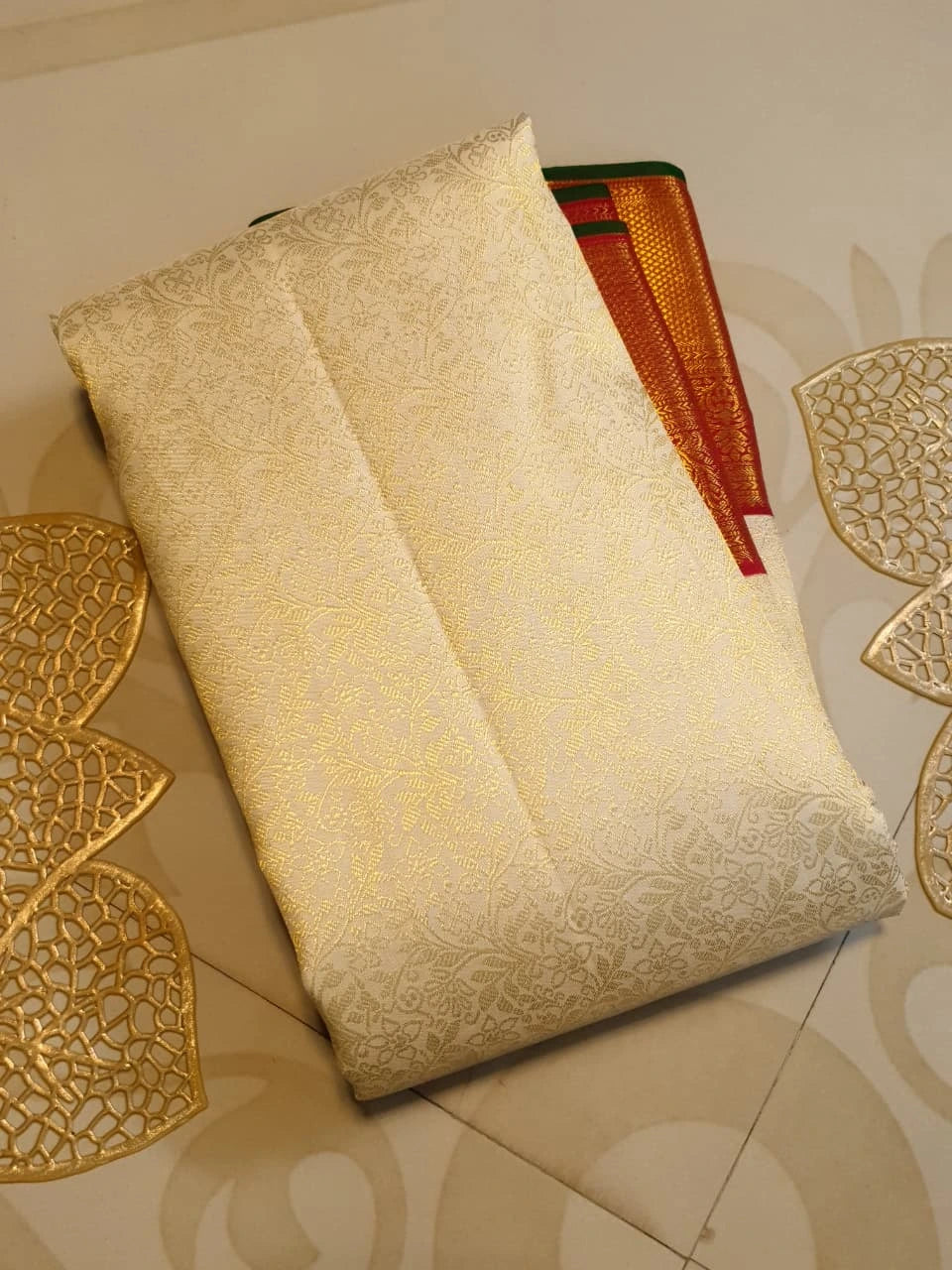 2G Ivory Korvai Kanjivaram Silk Saree with Rust Maroon Zari Border and Rich Floral Brocade Pallu | Silkmark Certified