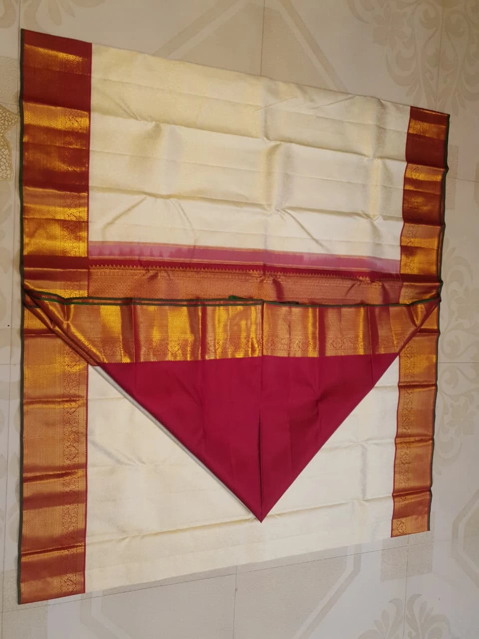2G Ivory Korvai Kanjivaram Silk Saree with Rust Maroon Zari Border and Rich Floral Brocade Pallu | Silkmark Certified