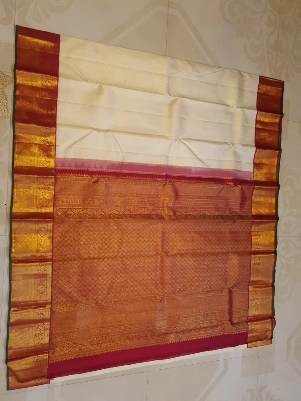 2G Ivory Korvai Kanjivaram Silk Saree with Rust Maroon Zari Border and Rich Floral Brocade Pallu | Silkmark Certified