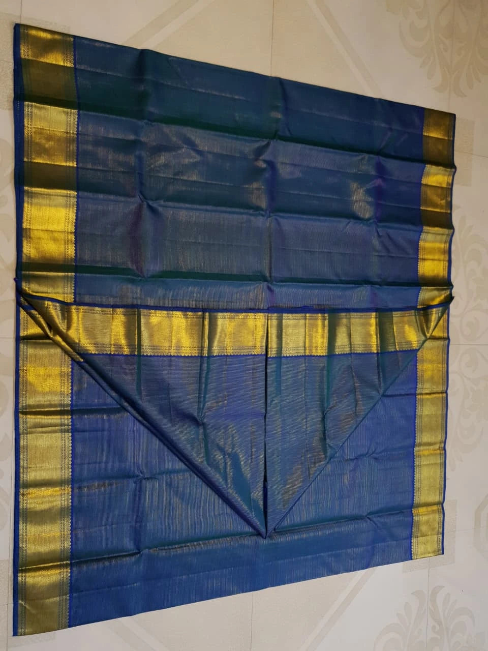 2G Pure Zari Kanjivaram Silk Saree in Deep Navy Blue with Rich Gold Zari Border and Traditional Geometric Zari Pallu | Silkmark Certified