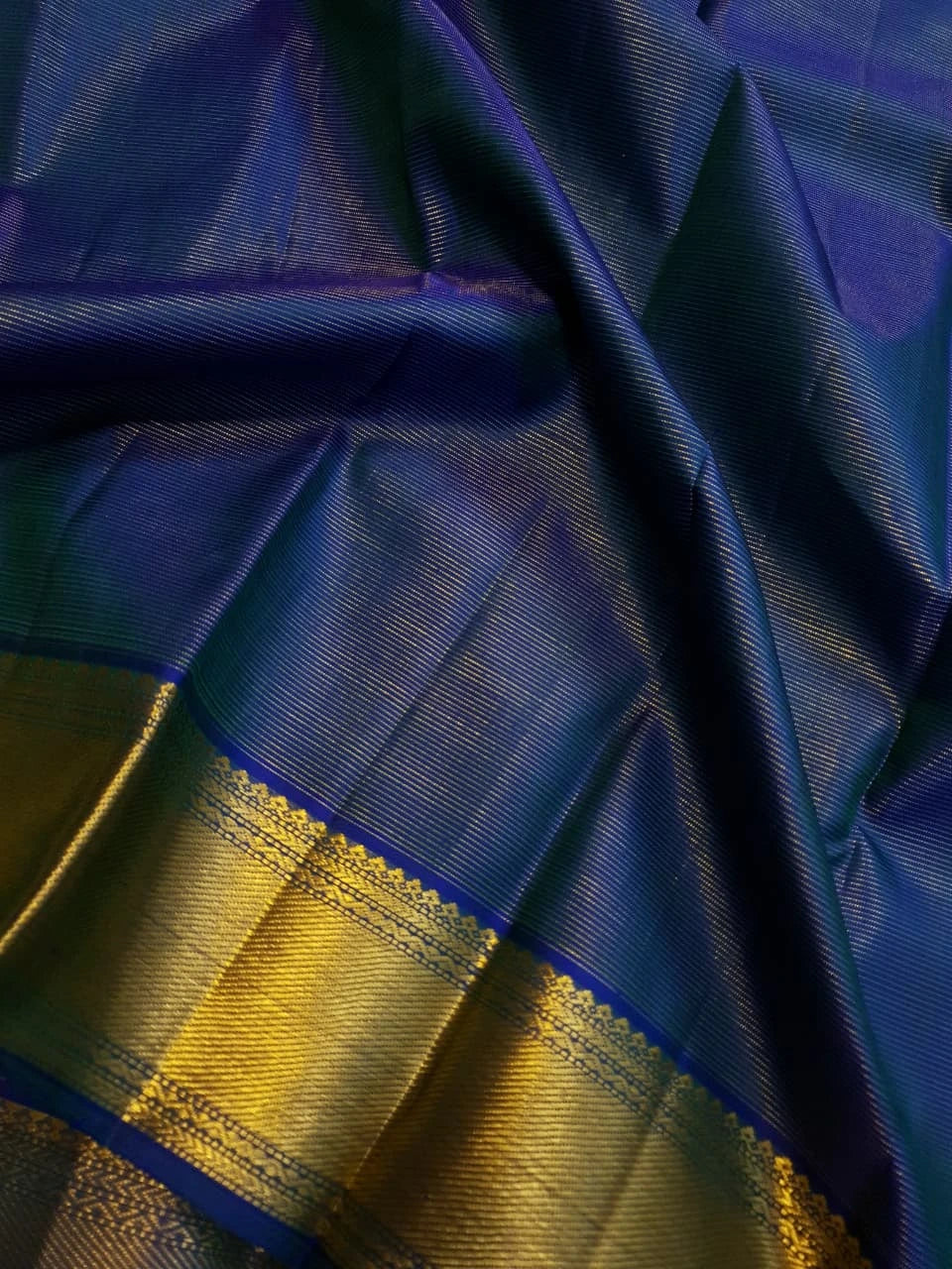 2G Pure Zari Kanjivaram Silk Saree in Deep Navy Blue with Rich Gold Zari Border and Traditional Geometric Zari Pallu | Silkmark Certified