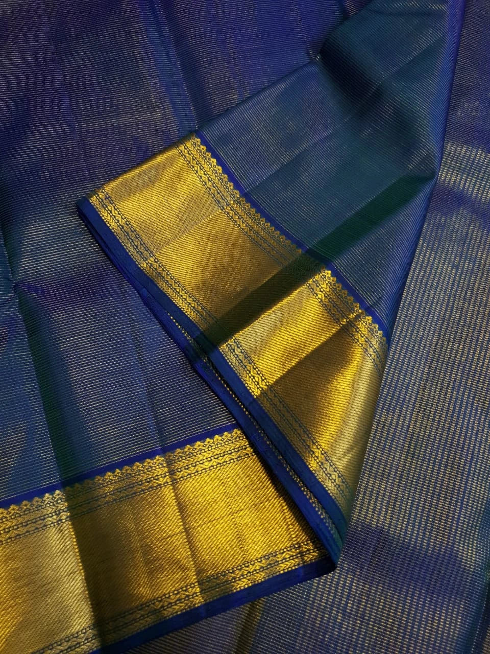 2G Pure Zari Kanjivaram Silk Saree in Deep Navy Blue with Rich Gold Zari Border and Traditional Geometric Zari Pallu | Silkmark Certified