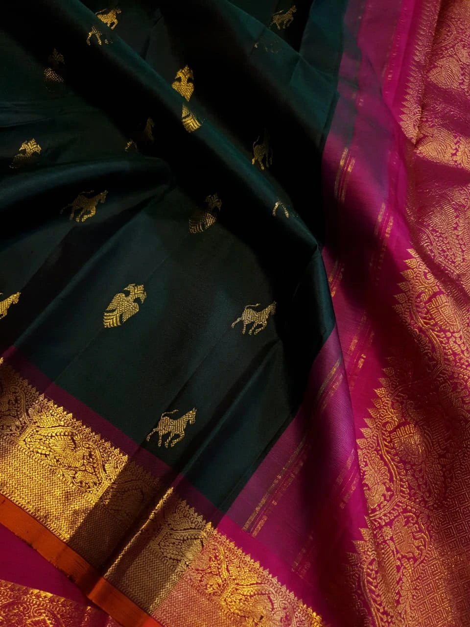 2G Pure Kanjivaram Silk Saree in Deep Bottle Green with Gold Zari Horse Buttas and Maroon Traditional Peacock Zari Border | Silkmark Certified