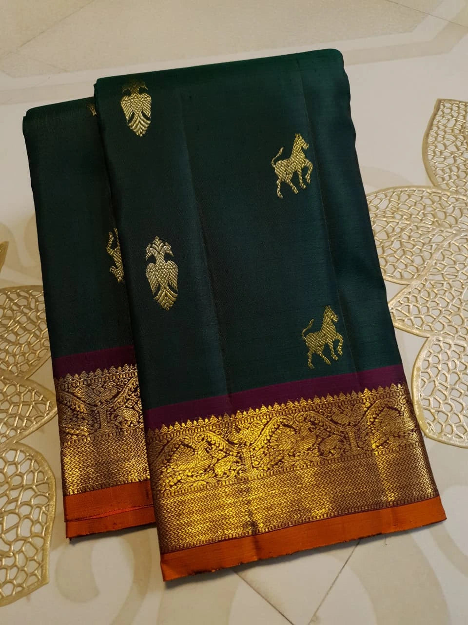 2G Pure Kanjivaram Silk Saree in Deep Bottle Green with Gold Zari Horse Buttas and Maroon Traditional Peacock Zari Border | Silkmark Certified
