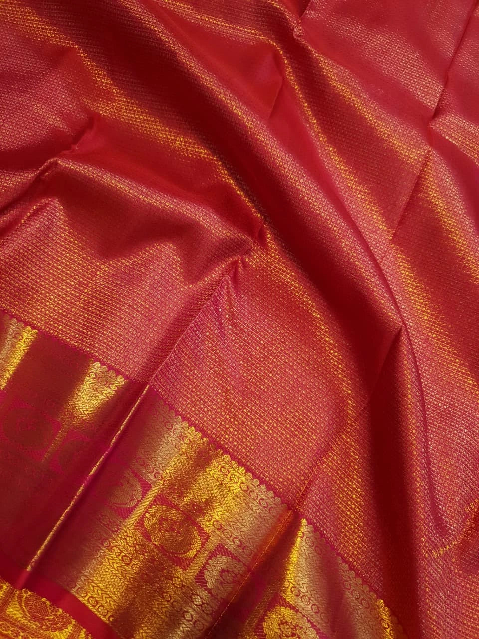 2G Pure Kanjivaram Silk Saree in Rich Red with Traditional Gold Zari Peacock Border and Grand Brocade Pallu | Silkmark Certified