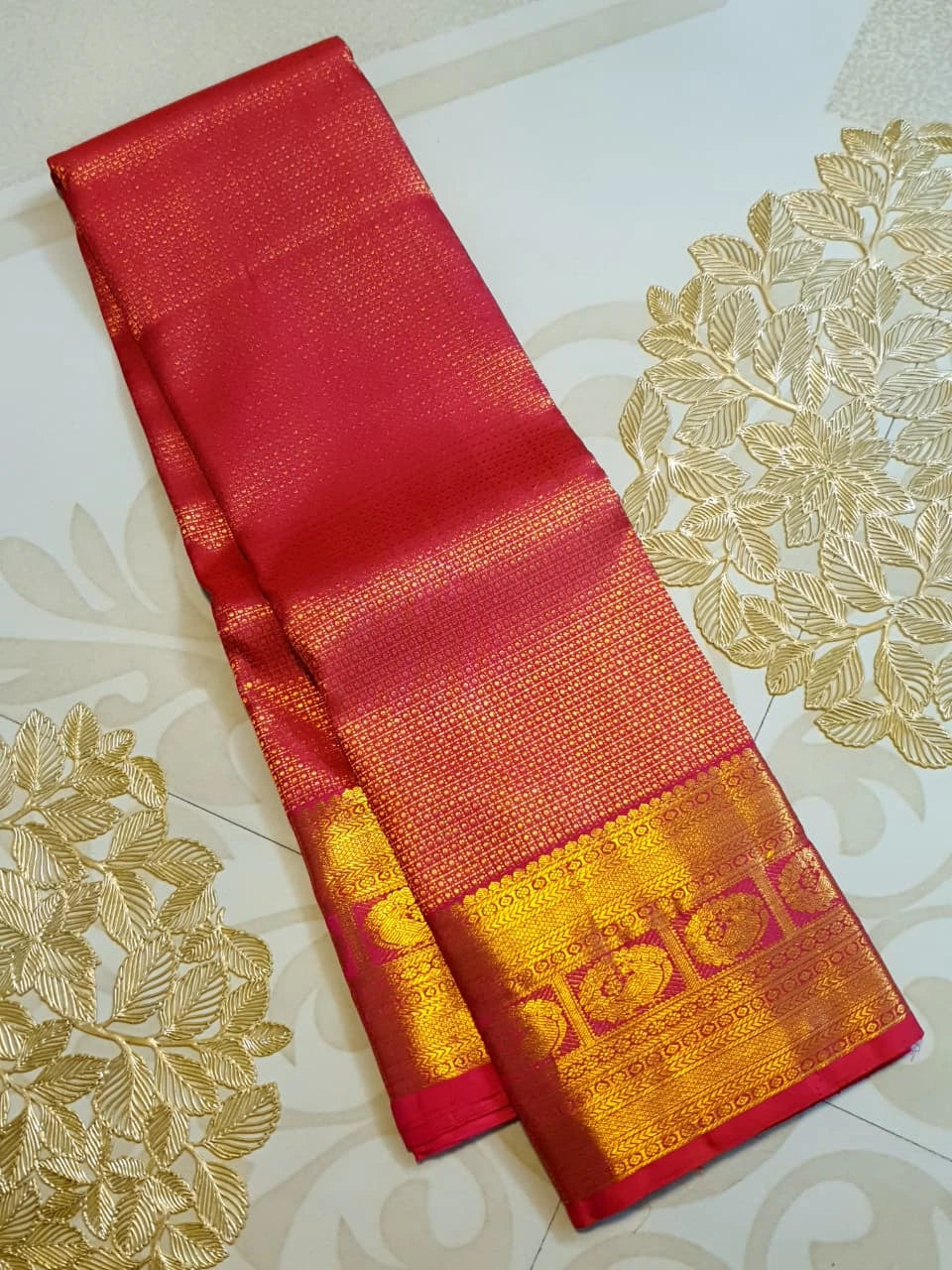 2G Pure Kanjivaram Silk Saree in Rich Red with Traditional Gold Zari Peacock Border and Grand Brocade Pallu | Silkmark Certified