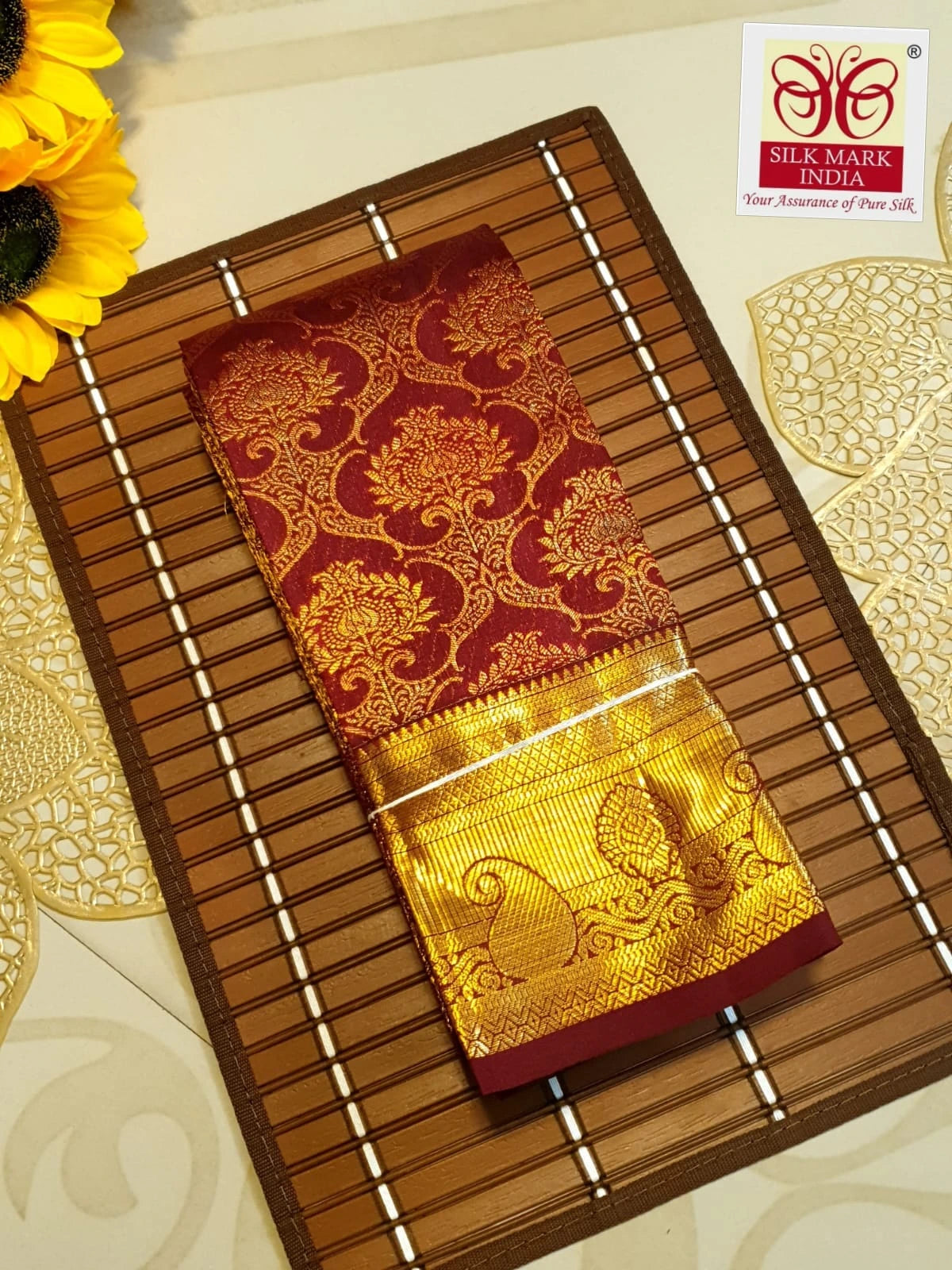 2G Pure Kanjivaram Silk Saree in Deep Maroon with Rich Gold Floral Brocade and Diamond Pattern Pallu | Silkmark Certified