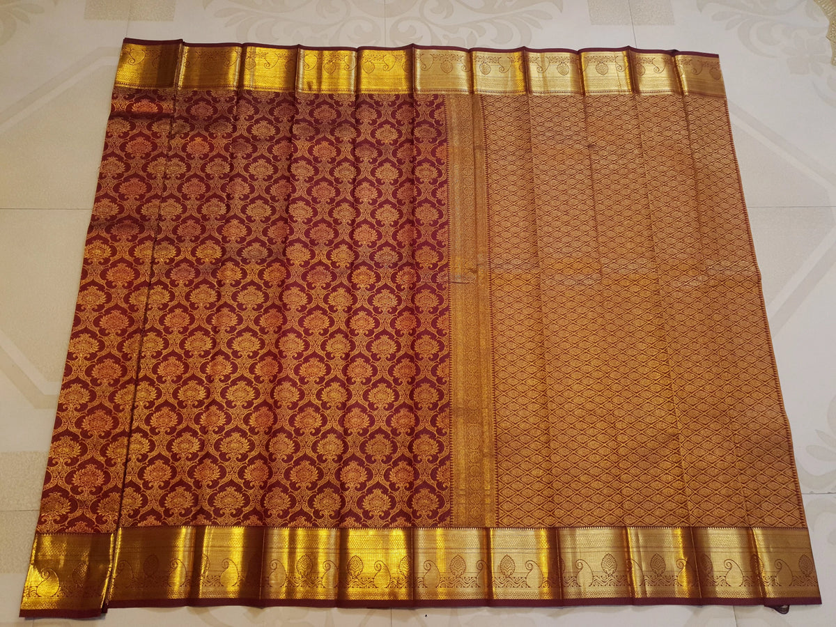 2G Pure Kanjivaram Silk Saree in Deep Maroon with Rich Gold Floral Brocade and Diamond Pattern Pallu | Silkmark Certified