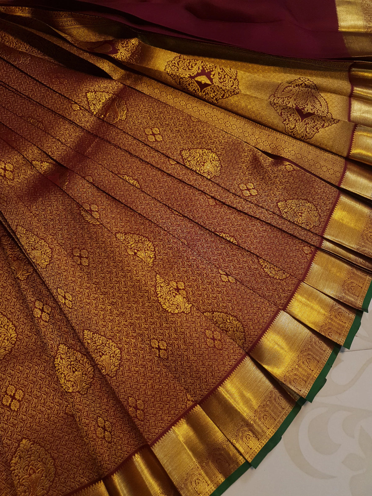 2G Pure Kanjivaram Silk Saree in Deep Maroon with Rich Gold Brocade, Paisley Buttas and Grand Zari Pallu | Silkmark Certified