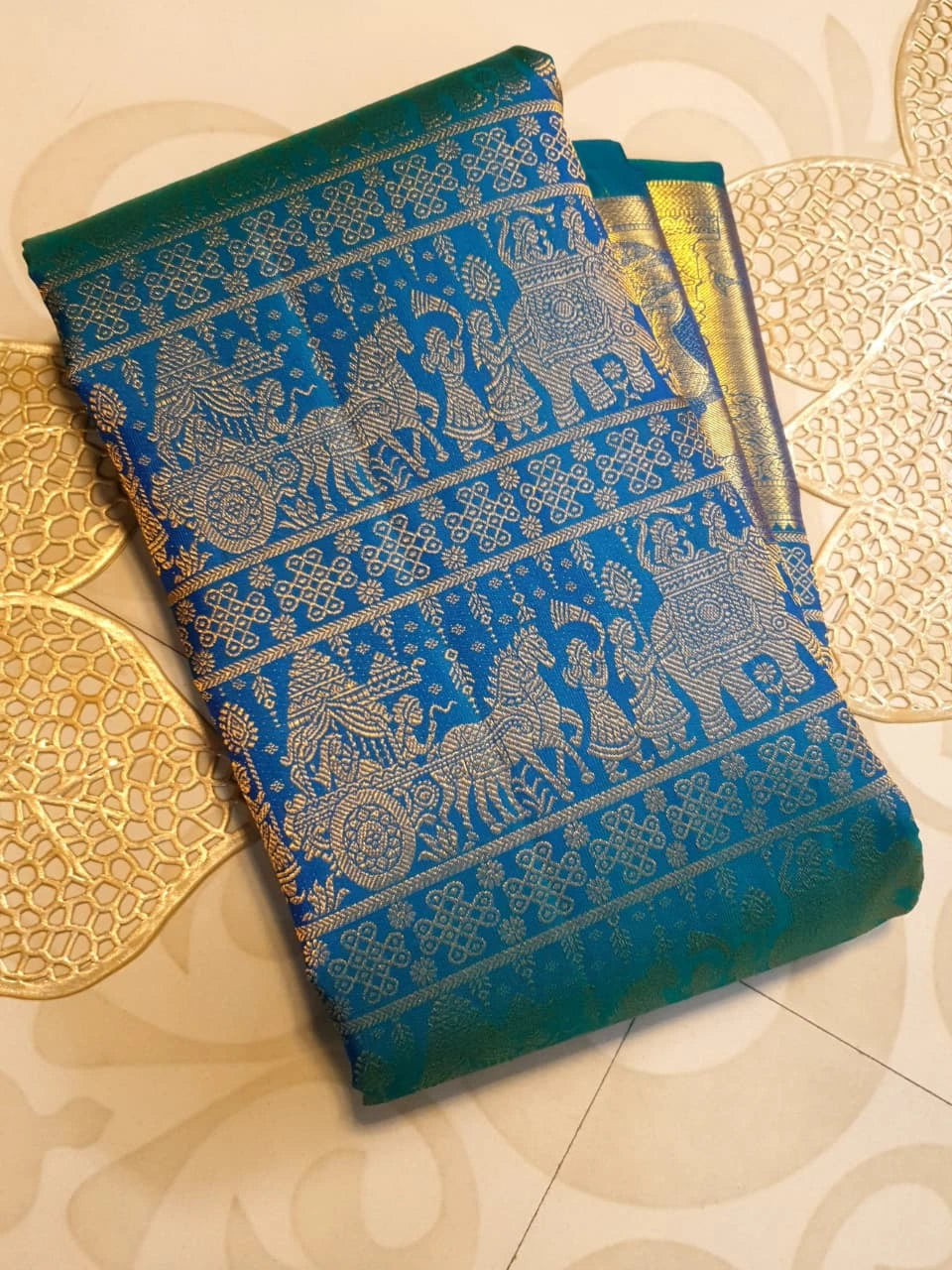 2G Pure Kanjivaram Silk Saree in Peacock Blue with Antique Gold Temple Border, Traditional Horse Butta & Traditional Motif Design | Silkmark Certified