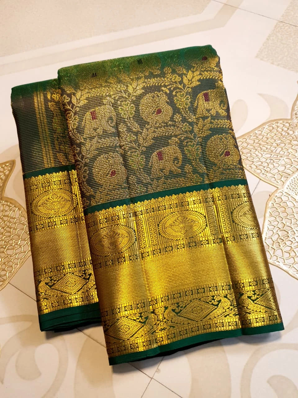 2G Pure Kanjivaram Silk Saree in Deep Bottle Green with Antique Gold Elephant Butta and Rich Zari Border | Silkmark Certified