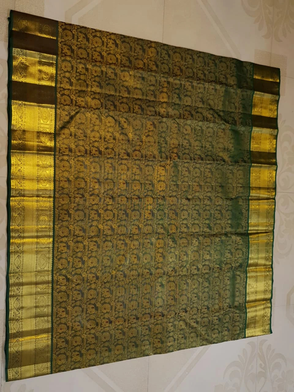 2G Pure Kanjivaram Silk Saree in Deep Bottle Green with Antique Gold Elephant Butta and Rich Zari Border | Silkmark Certified