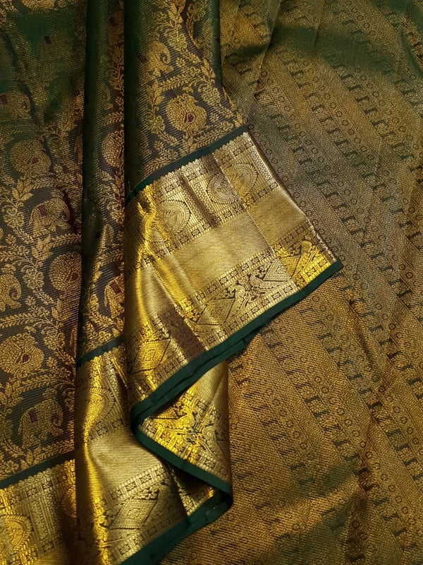 2G Pure Kanjivaram Silk Saree in Deep Bottle Green with Antique Gold Elephant Butta and Rich Zari Border | Silkmark Certified