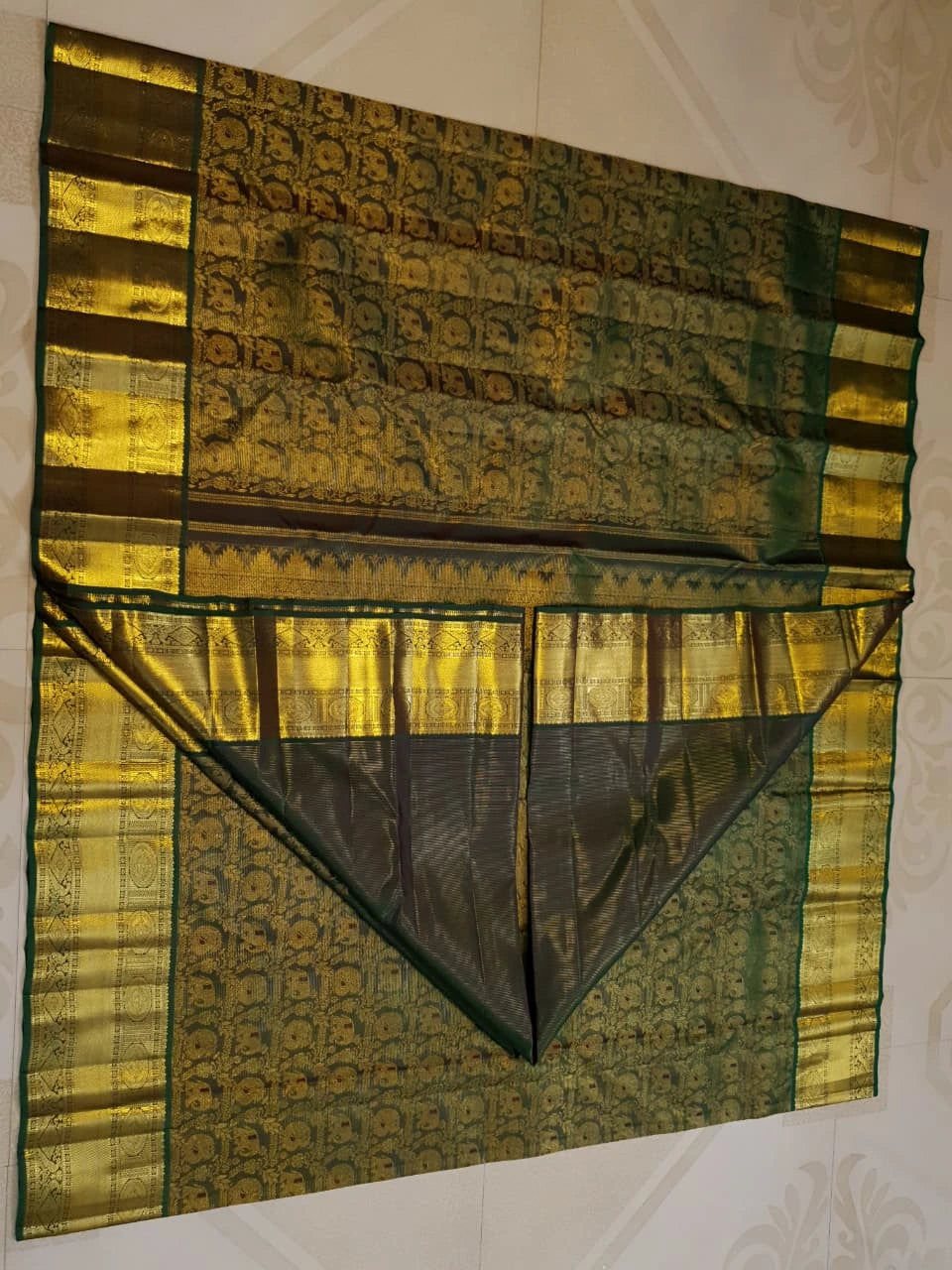 2G Pure Kanjivaram Silk Saree in Deep Bottle Green with Antique Gold Elephant Butta and Rich Zari Border | Silkmark Certified