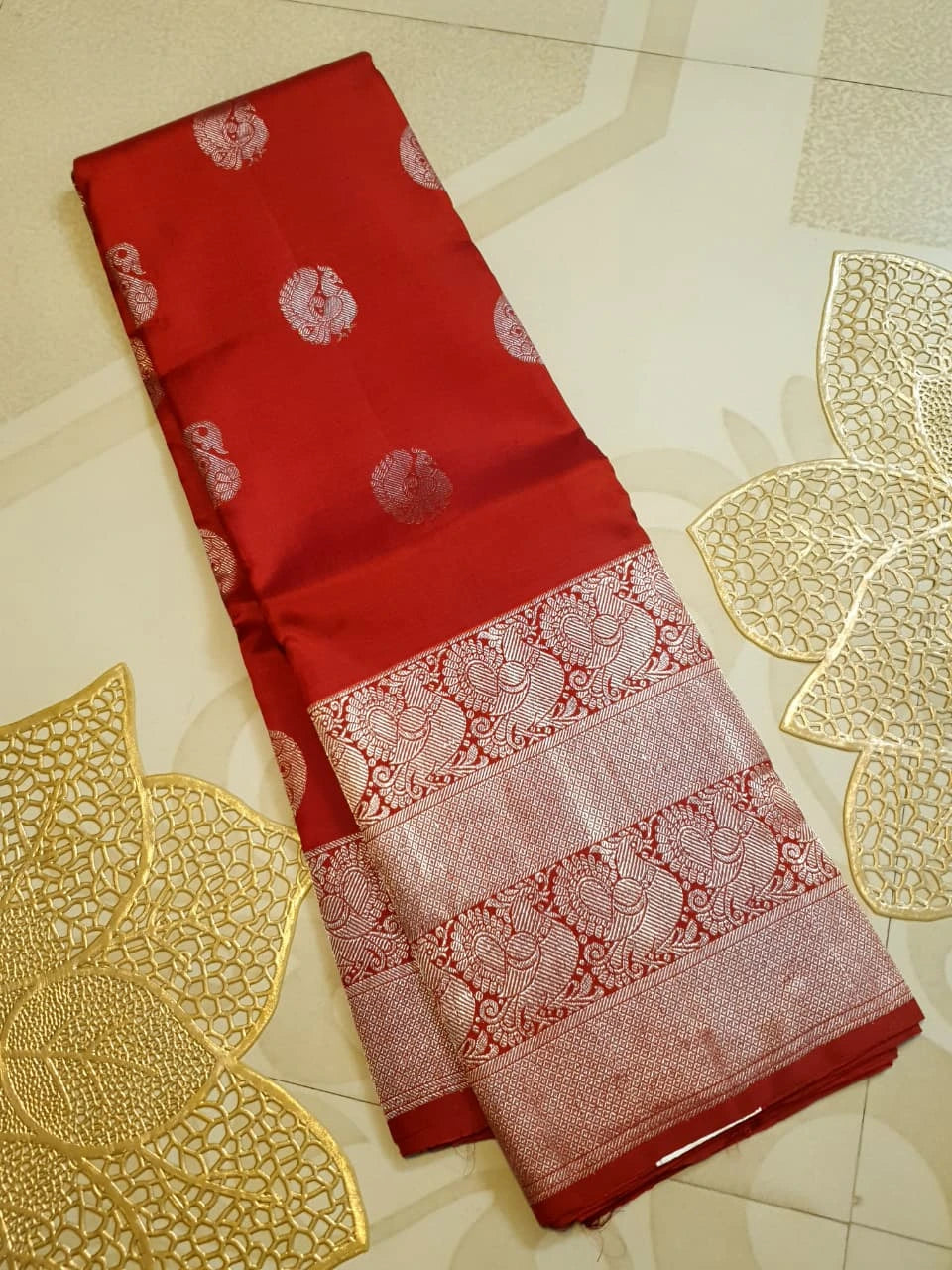 2G Pure Kanjivaram Silk Saree in Rich Red with Silver Zari Peacock Buttas and Intricate Floral Brocade Pallu | Silkmark Certified