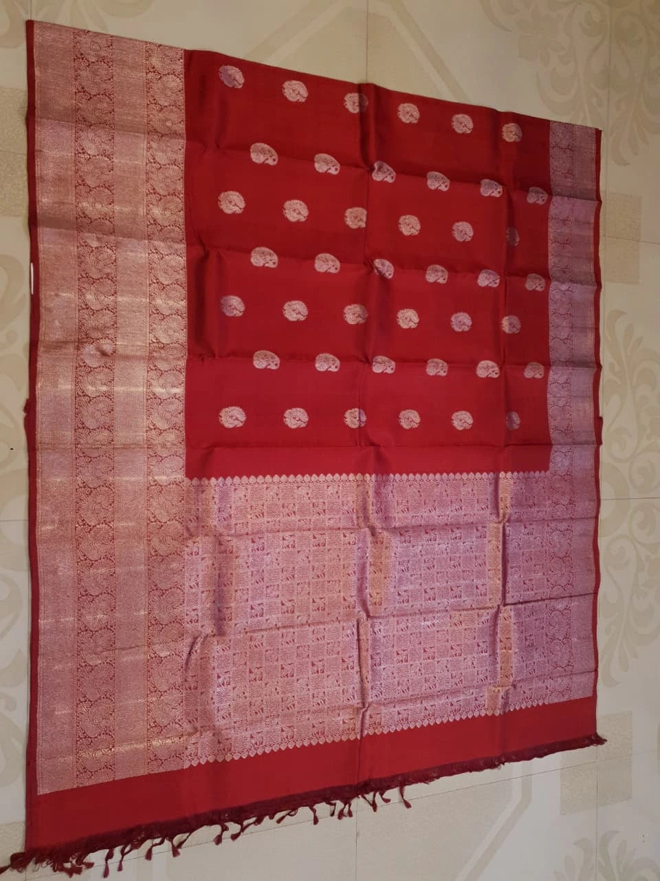 2G Pure Kanjivaram Silk Saree in Rich Red with Silver Zari Peacock Buttas and Intricate Floral Brocade Pallu | Silkmark Certified