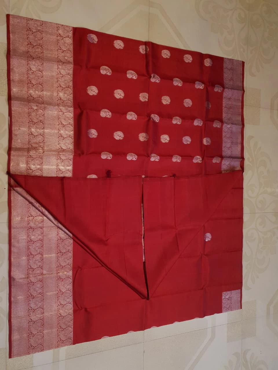 2G Pure Kanjivaram Silk Saree in Rich Red with Silver Zari Peacock Buttas and Intricate Floral Brocade Pallu | Silkmark Certified