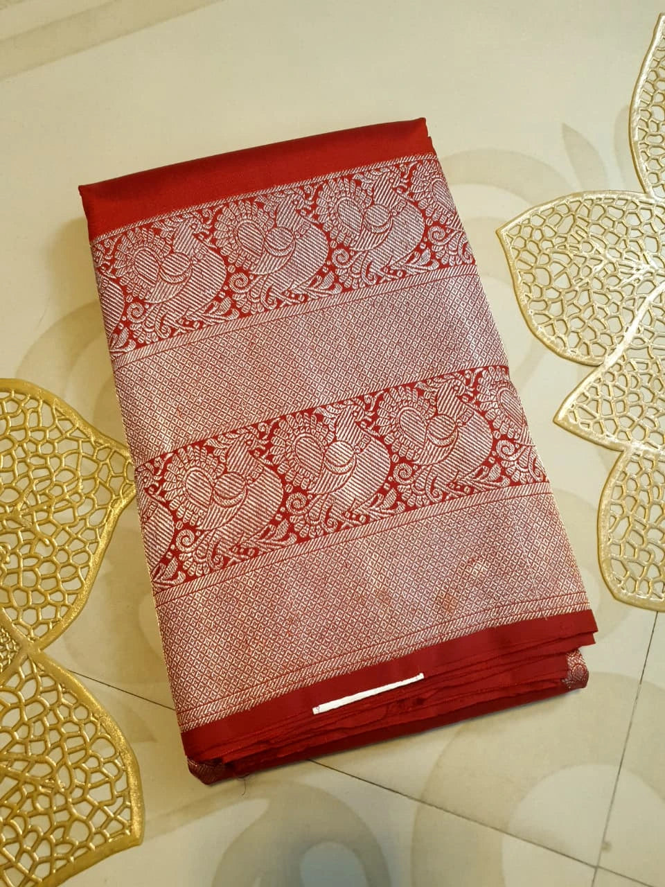 2G Pure Kanjivaram Silk Saree in Rich Red with Silver Zari Peacock Buttas and Intricate Floral Brocade Pallu | Silkmark Certified