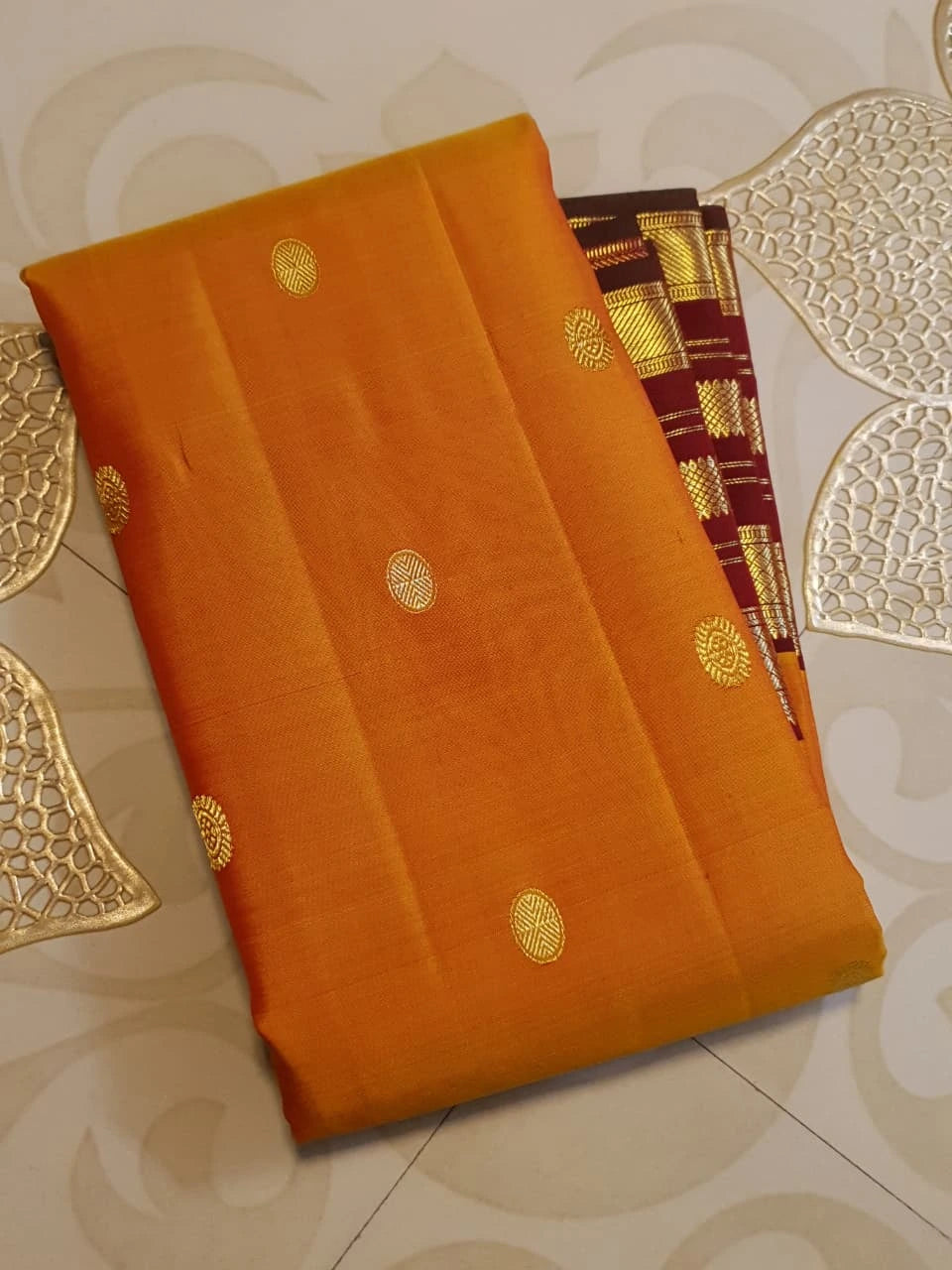 2G Pure Kanjivaram Silk Saree in Bright Orange with Maroon Zari Border and Traditional Gold Zari Buttas | Silkmark Certified