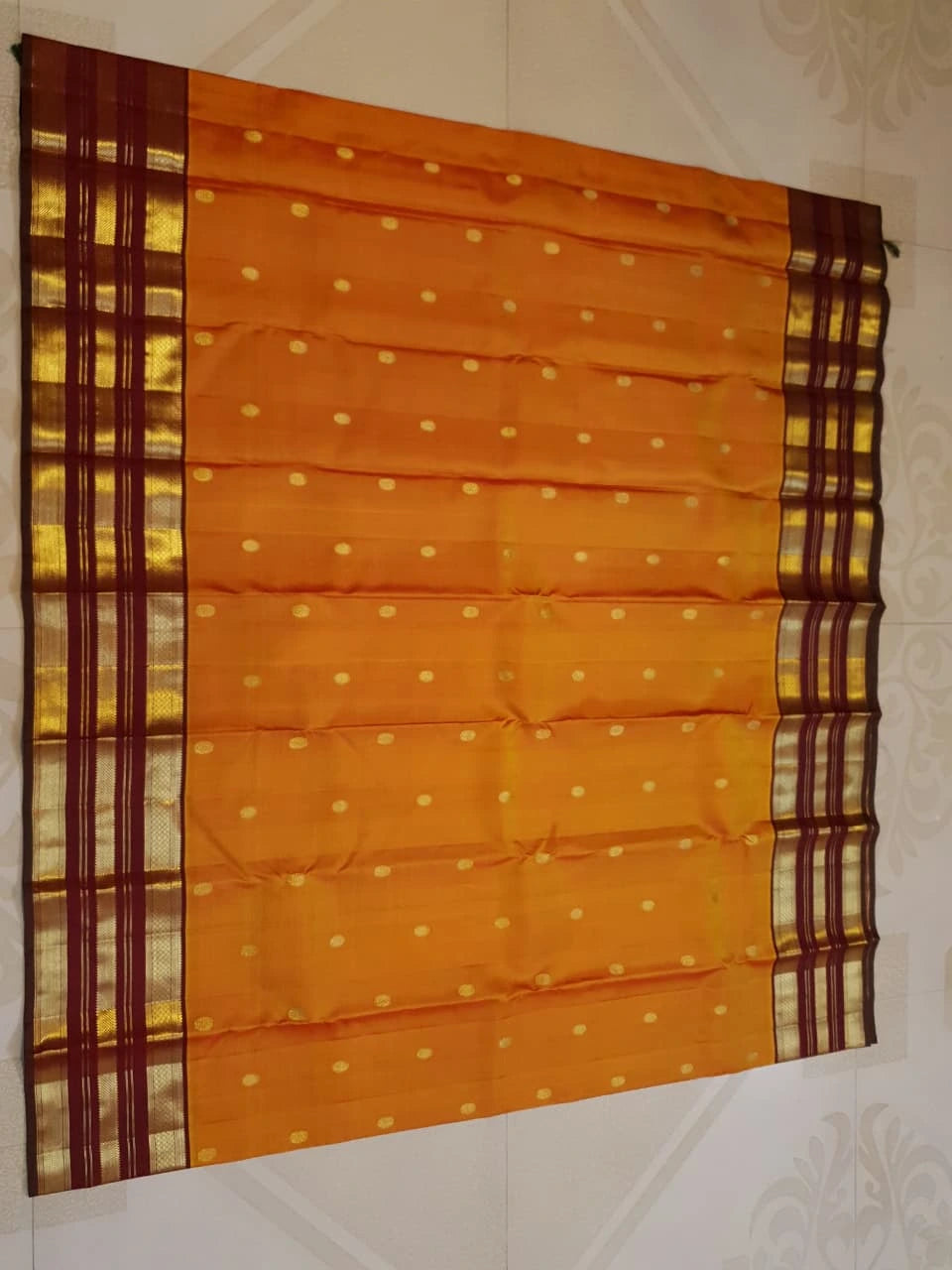 2G Pure Kanjivaram Silk Saree in Bright Orange with Maroon Zari Border and Traditional Gold Zari Buttas | Silkmark Certified