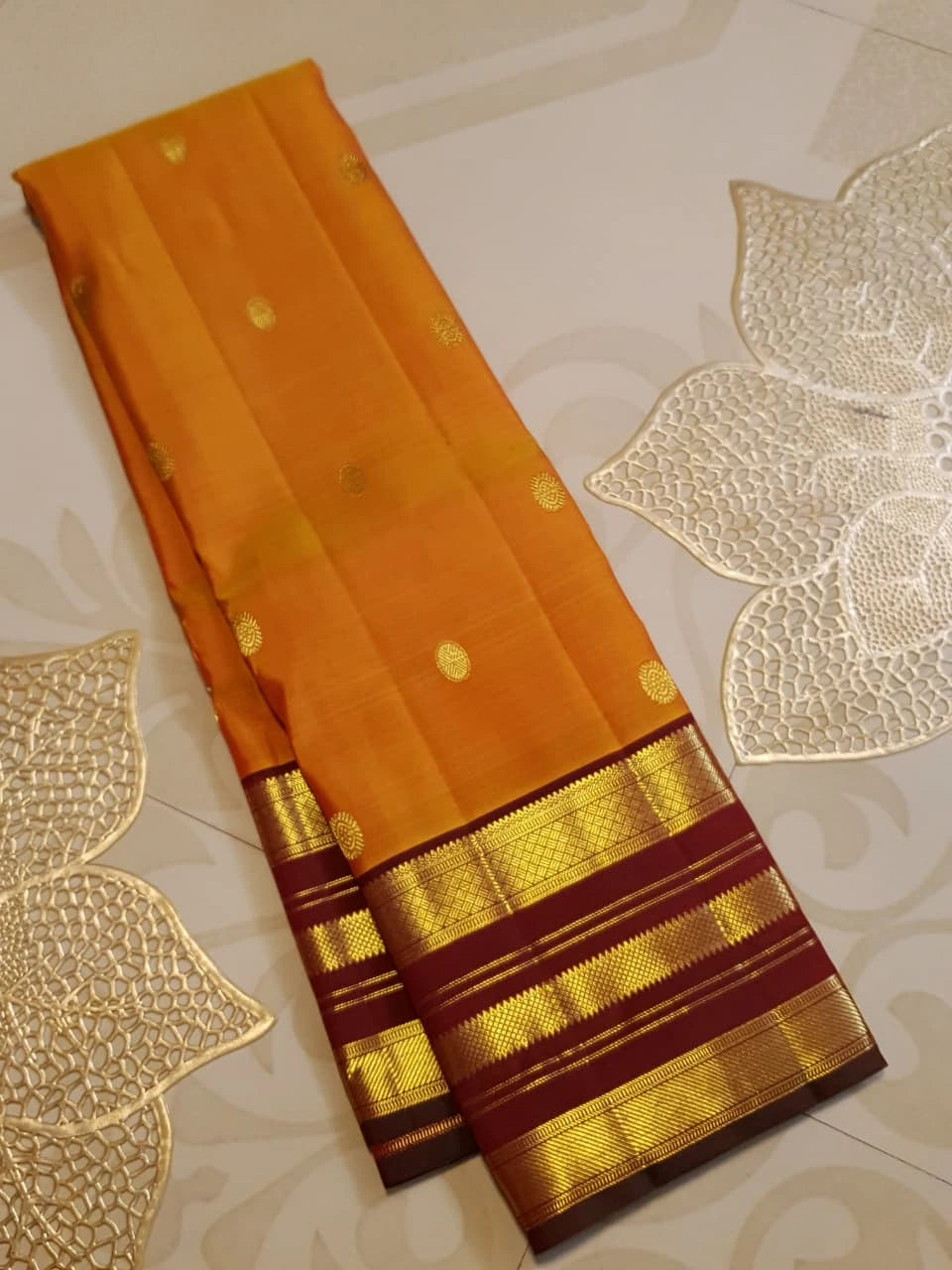 2G Pure Kanjivaram Silk Saree in Bright Orange with Maroon Zari Border and Traditional Gold Zari Buttas | Silkmark Certified