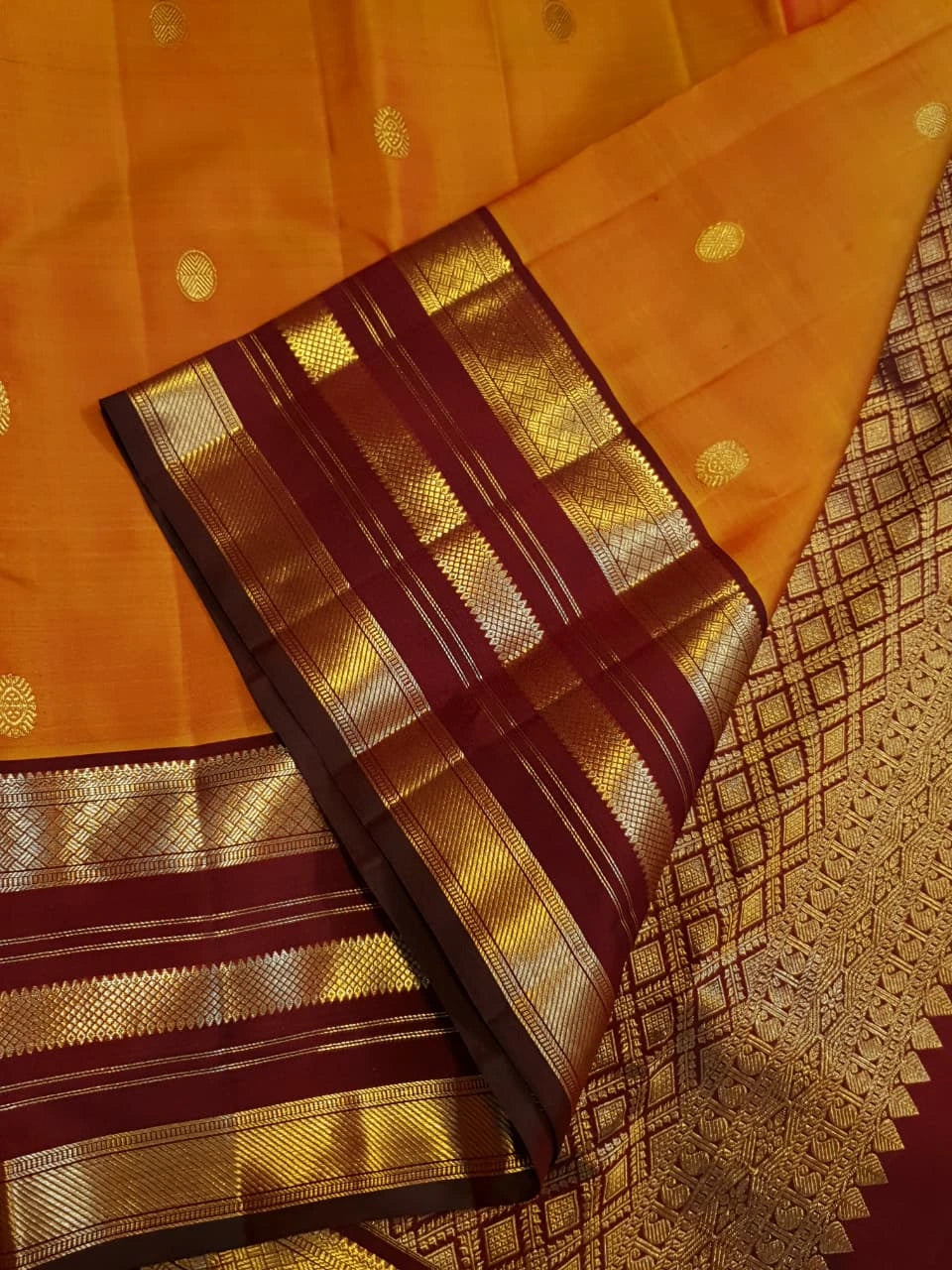 2G Pure Kanjivaram Silk Saree in Bright Orange with Maroon Zari Border and Traditional Gold Zari Buttas | Silkmark Certified