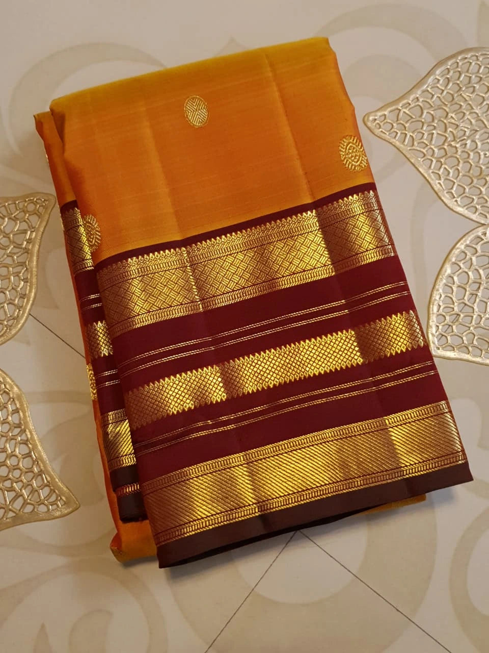 2G Pure Kanjivaram Silk Saree in Bright Orange with Maroon Zari Border and Traditional Gold Zari Buttas | Silkmark Certified