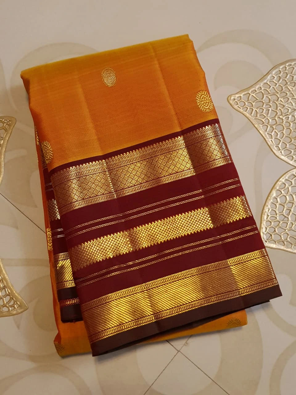 2G Pure Kanjivaram Silk Saree in Mustard Yellow with Maroon Border & Rich Gold Zari | Silkmark Certified