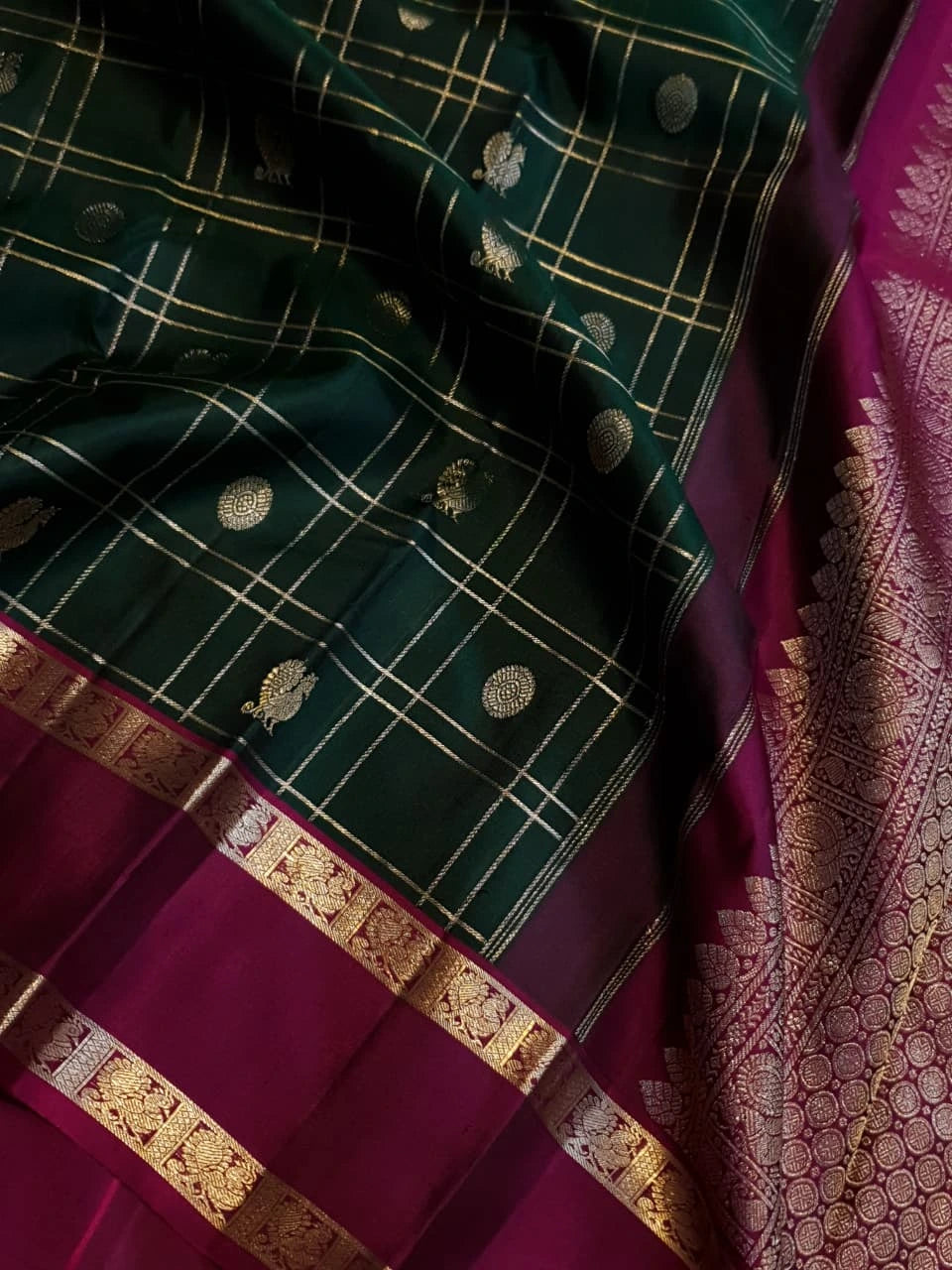 2G Pure Kanjivaram Silk Saree in Deep Bottle Green with Magenta Border, Gold Zari Checks and Traditional Buttas | Silkmark Certified