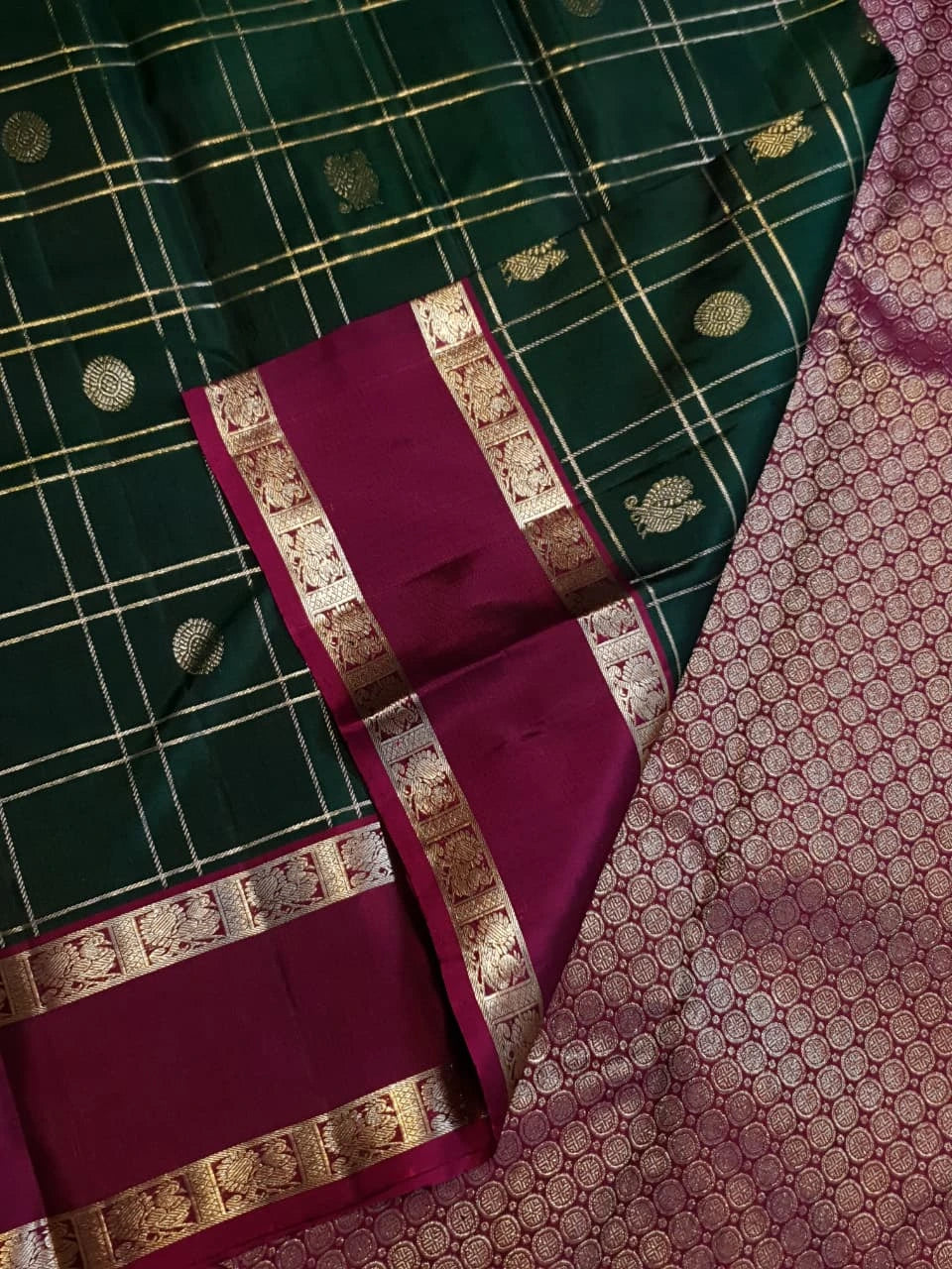 2G Pure Kanjivaram Silk Saree in Deep Bottle Green with Magenta Border, Gold Zari Checks and Traditional Buttas | Silkmark Certified