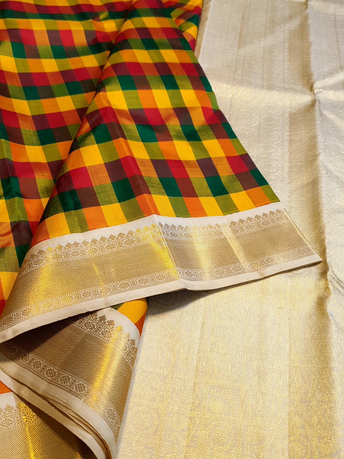 2G Pure Kanjivaram Silk Saree in Multicolour Checks with Rich Gold Zari Border | Silkmark Certified