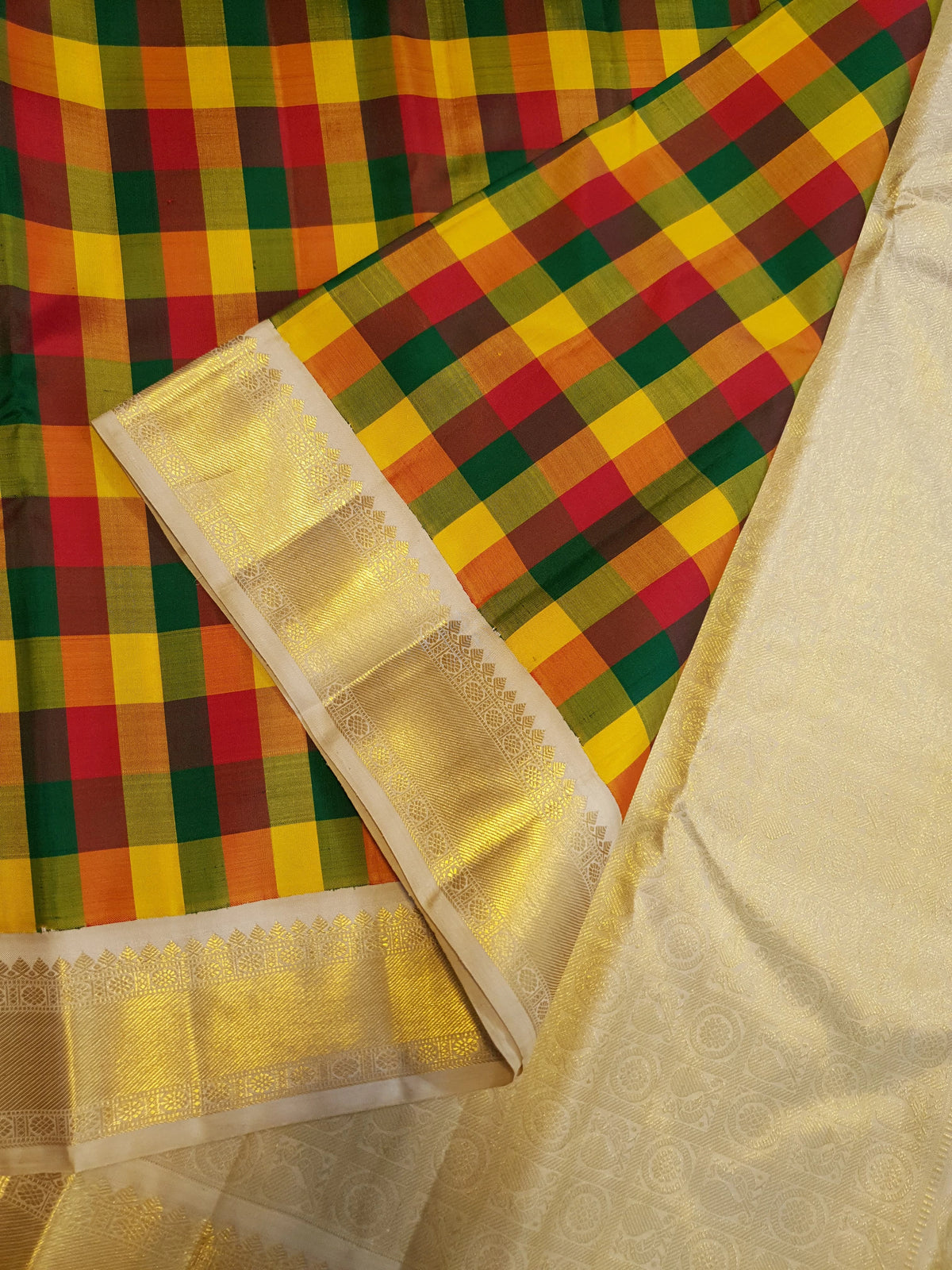 2G Pure Kanjivaram Silk Saree in Multicolour Checks with Rich Gold Zari Border | Silkmark Certified