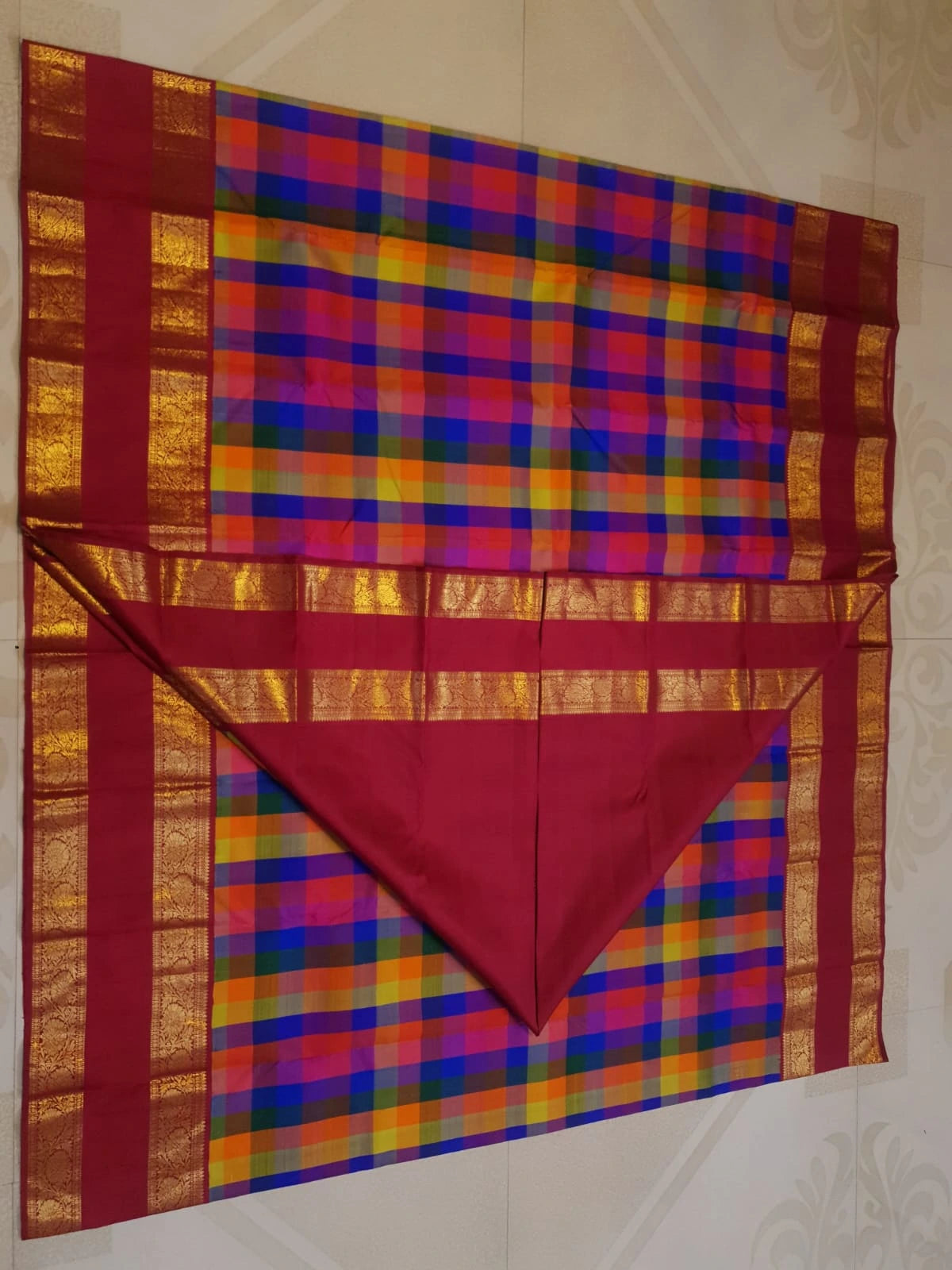 2G Pure Korvai Kanjivaram Silk Saree in Multicolour Checks with Rich Maroon Gold Zari Floral Border | Silkmark Certified